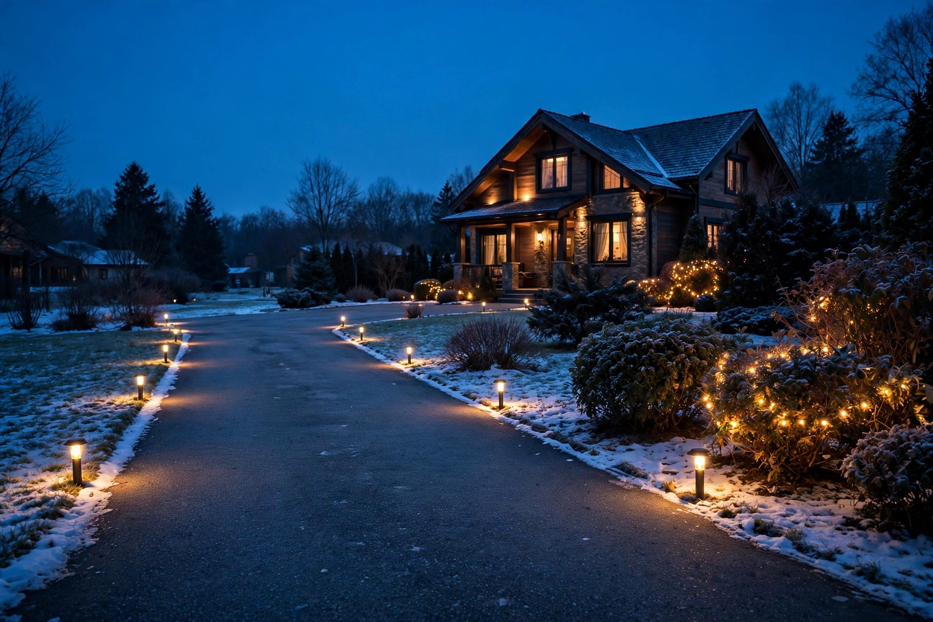 A cluster of three lanterns with warm fairy lights glowing by a garden gate at night
