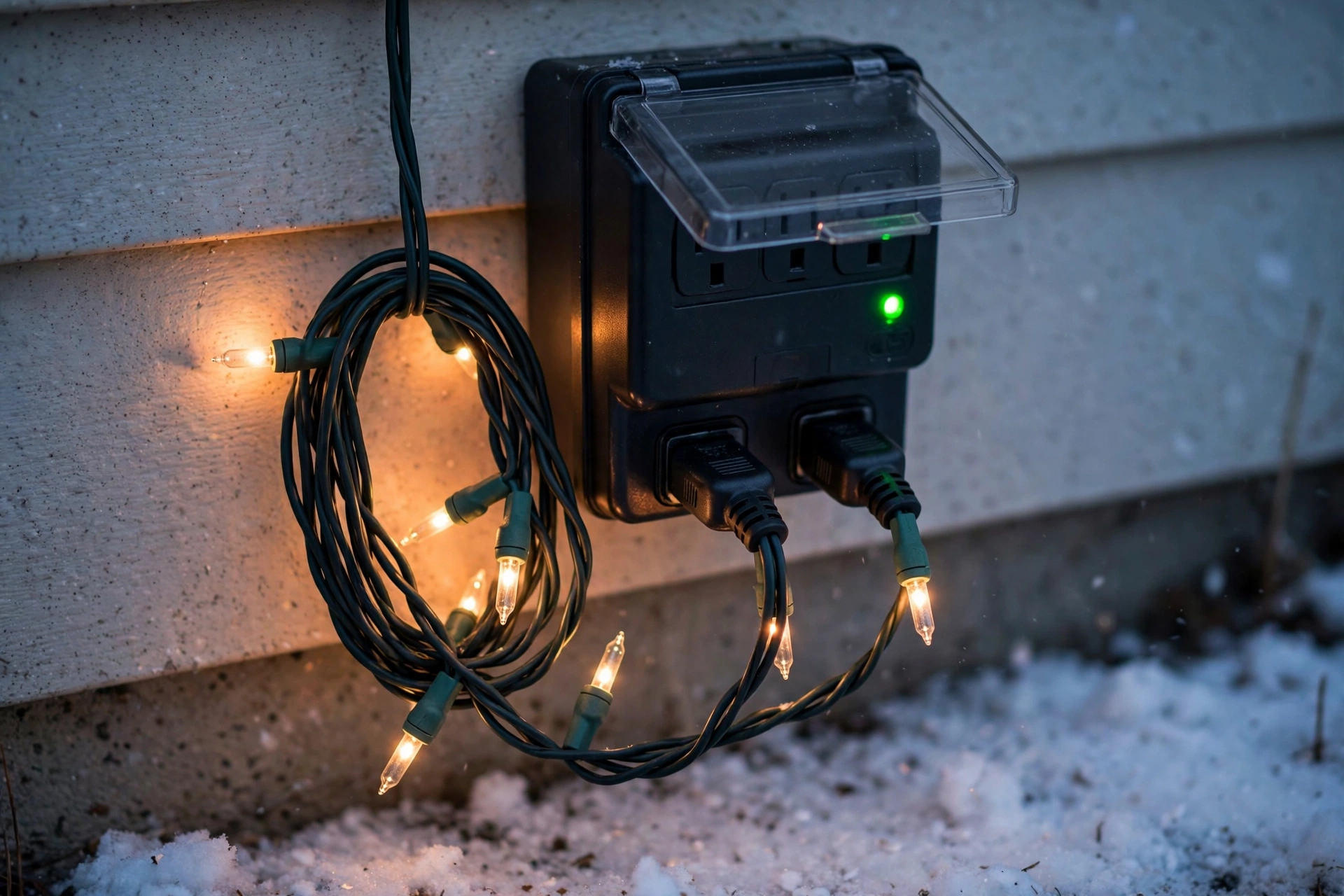 A weatherproof timer plug on the house wall — set it once and your lights run themselves.