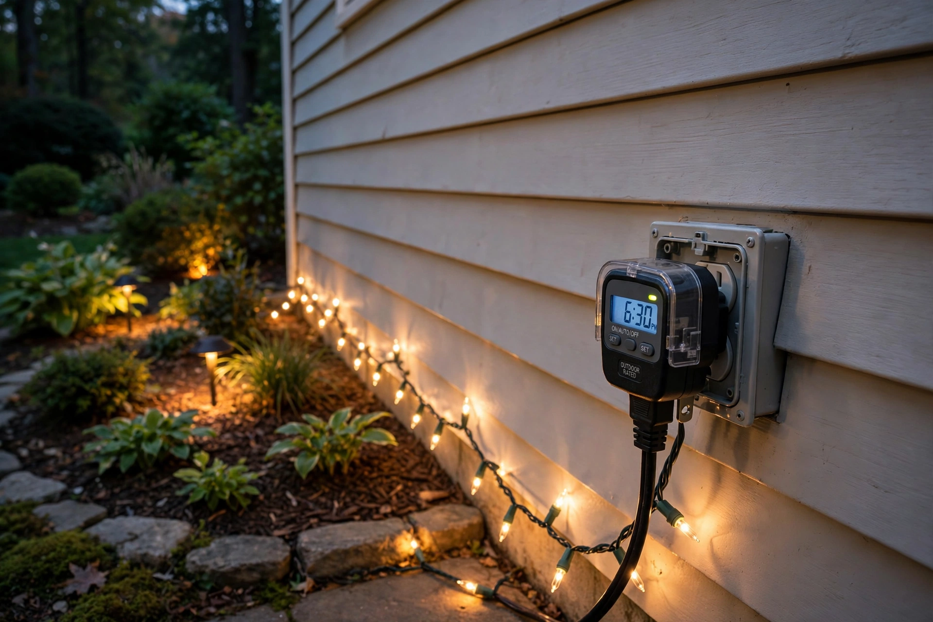 An outdoor timer plug beside a weatherproof socket with a strand of warm christmas lights ready to hang