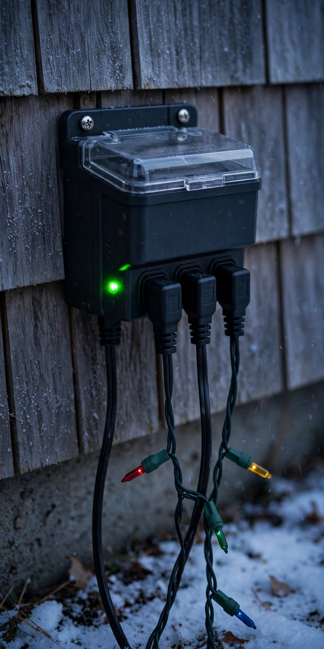 A weatherproof timer plug on the house wall — set it once and your lights run themselves.