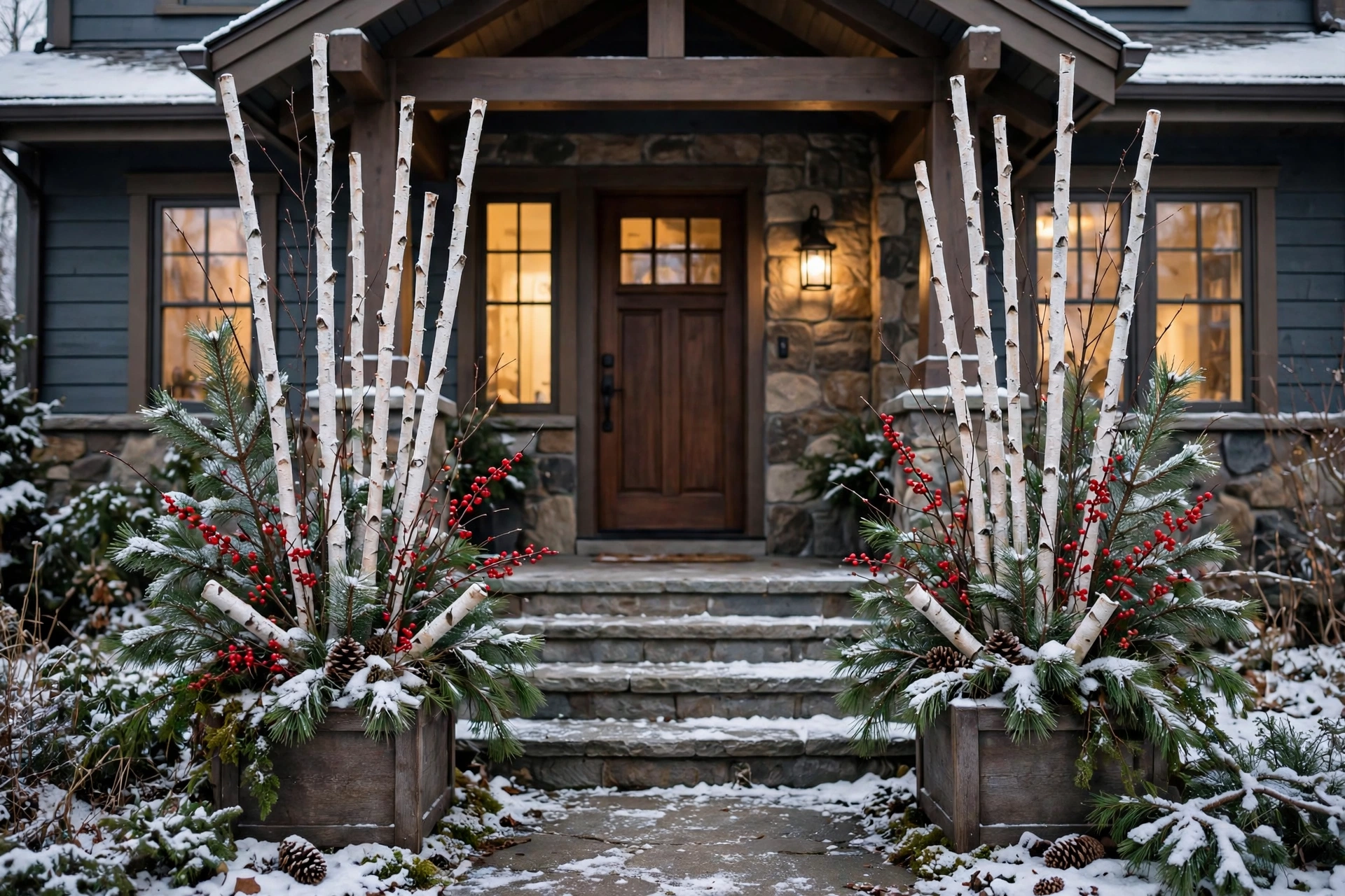 Winter planters with birch stems and pine by front steps — outdoor christmas decor planters