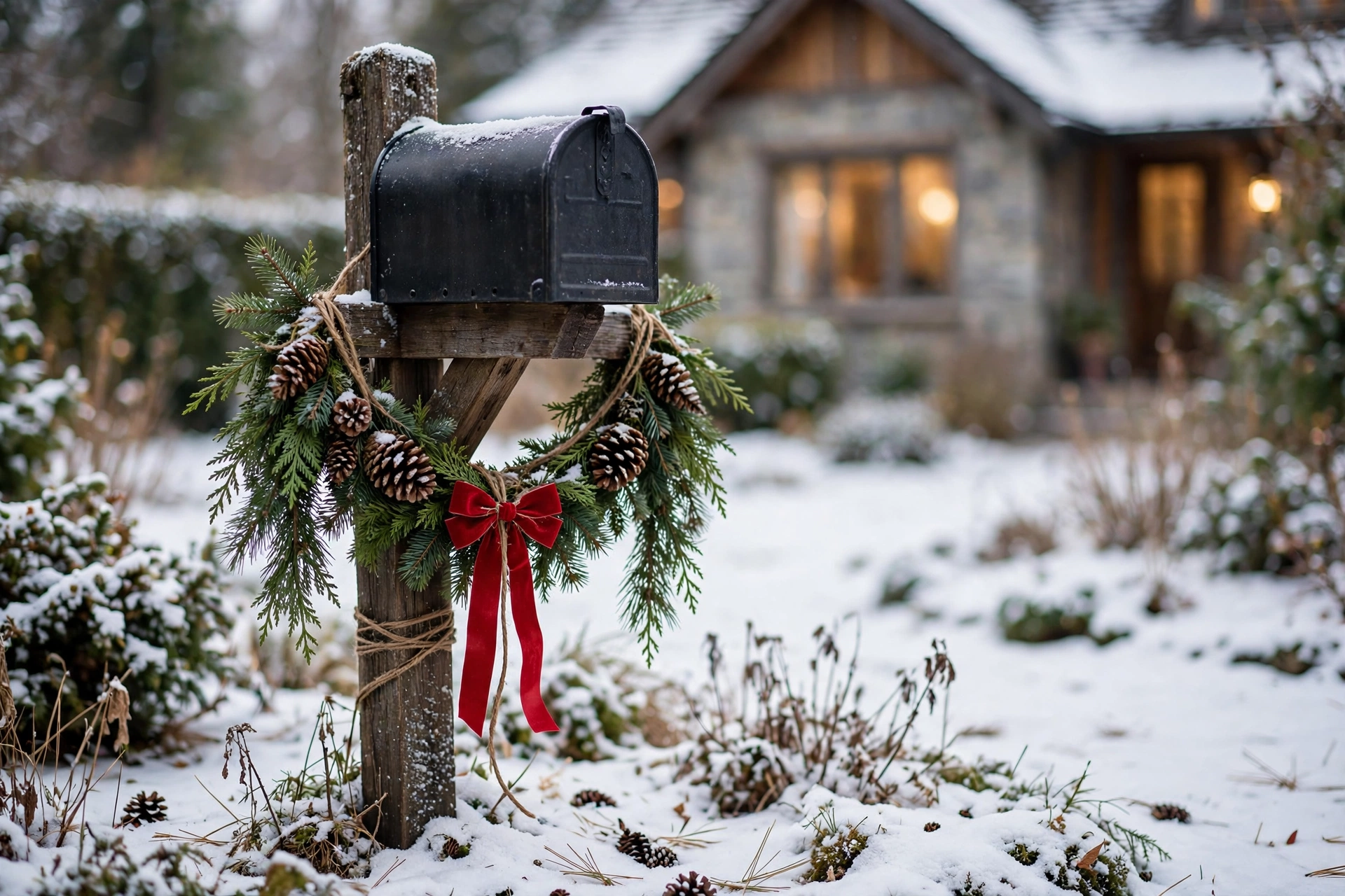 Mailbox dressed with a pine swag and red bow — christmas mailbox decor diy