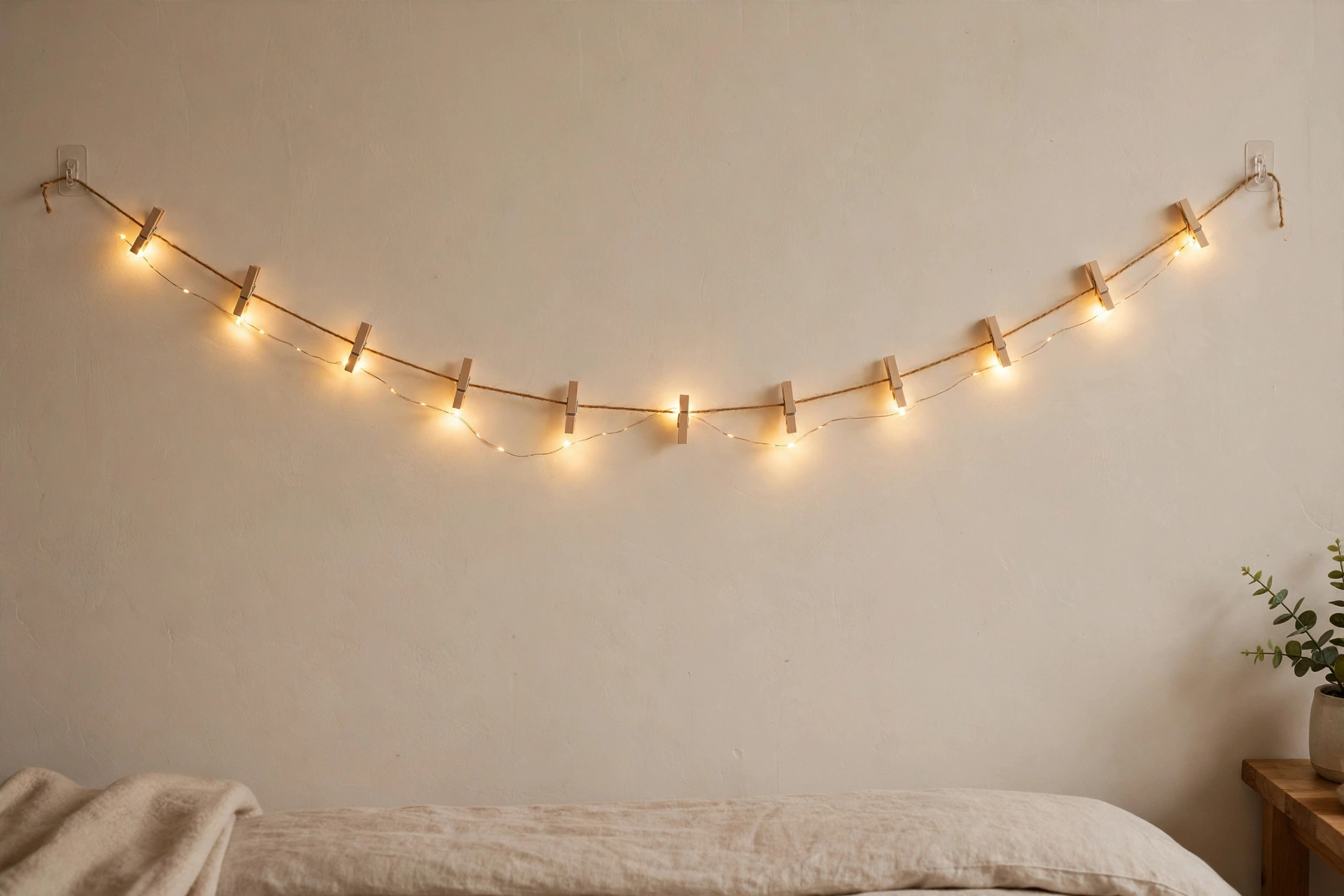 Battery fairy lights hung on string with tiny clips and removable hooks — no drilling, no damage.