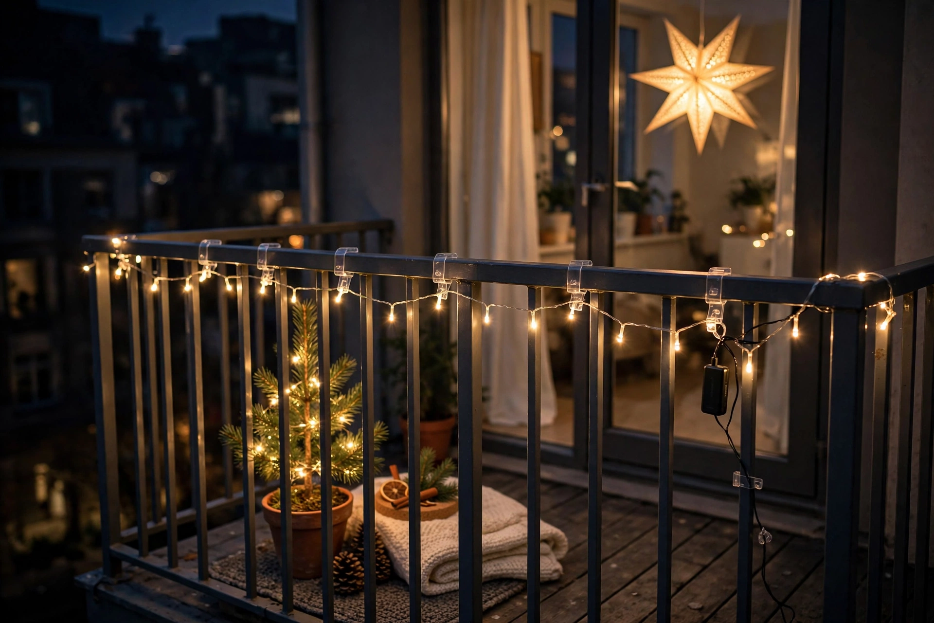 Battery fairy lights clipped to a small balcony railing with removable hooks — no drilling needed.