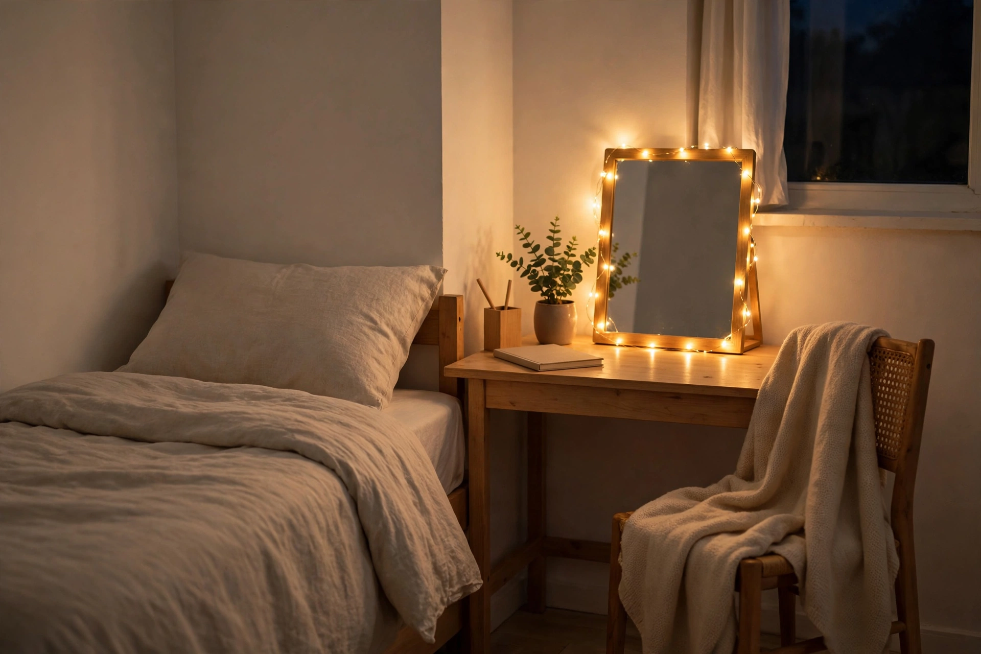 A small dorm-style bedroom glowing with battery fairy lights — cosy Christmas on a student budget.