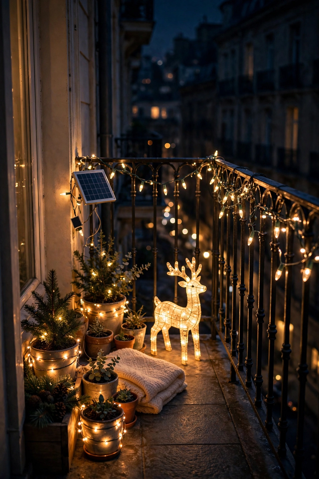Solar string lights along a small balcony railing — zero effort, no socket needed.