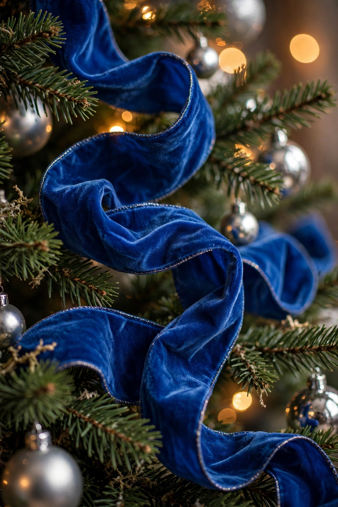 Royal blue velvet ribbon cascading down a blue and white christmas tree