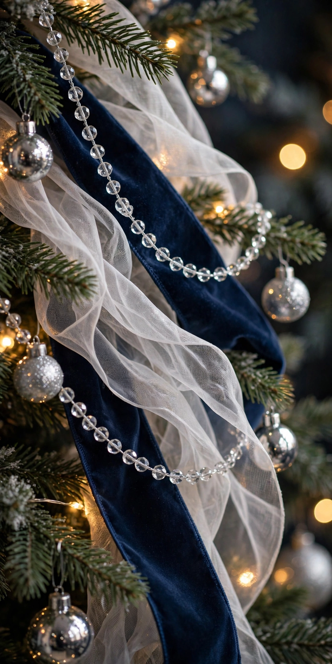 Silver sheer ribbon and crystal beaded garland on a glam christmas tree