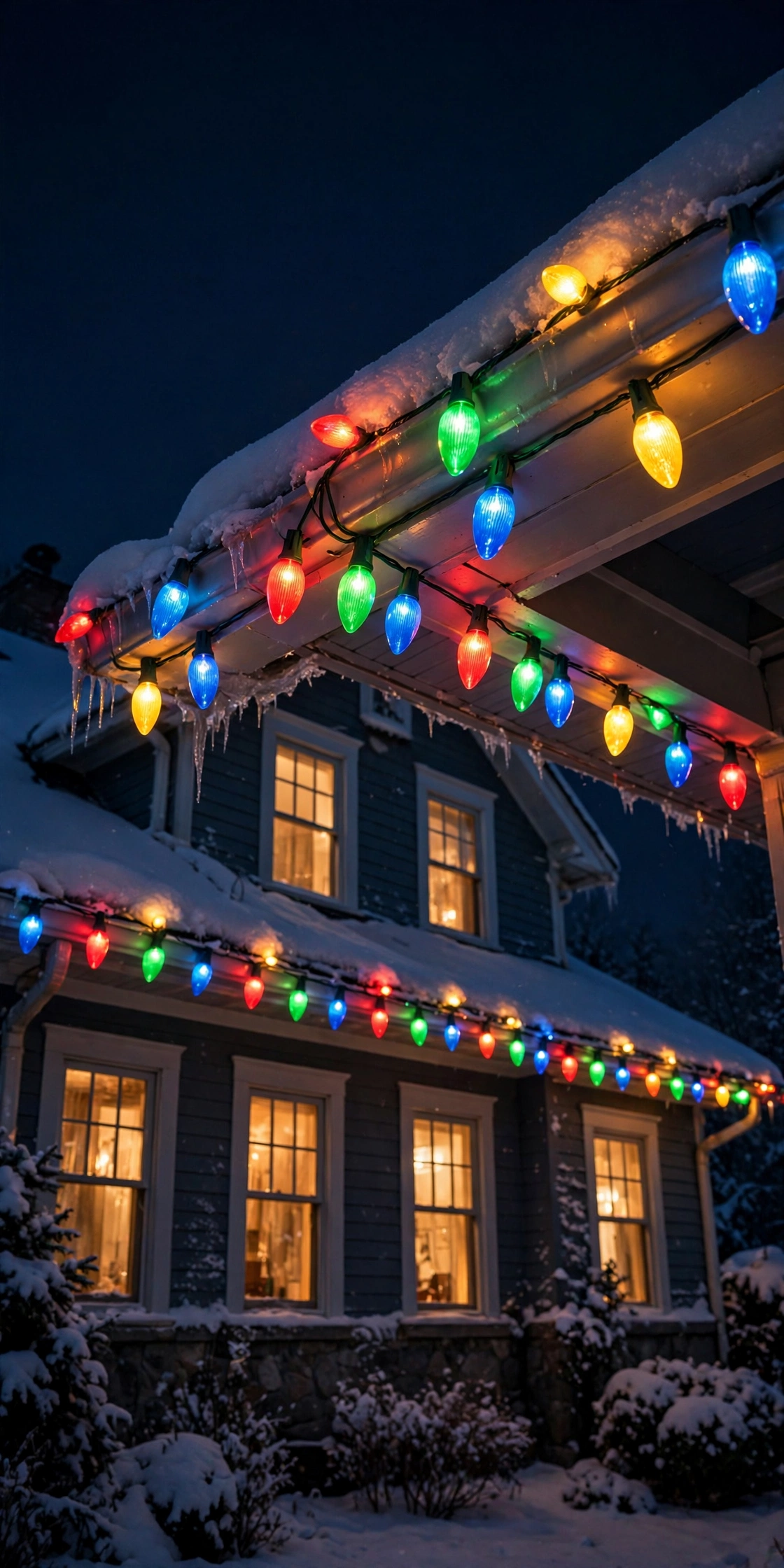 C9 multicolor bulbs tracing a snowy roofline — the classic colored-light look.