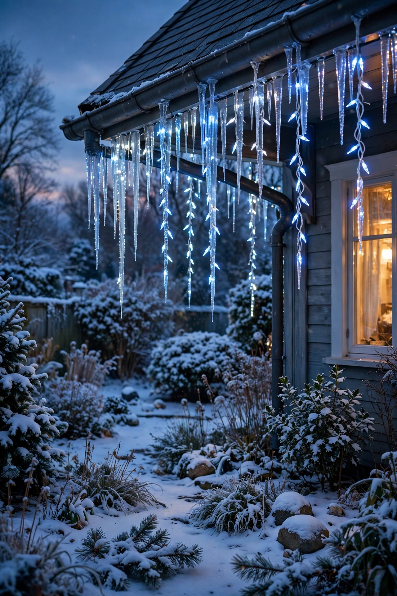 Blue and white icicle lights on the gutters — a frosty finish for the roofline.