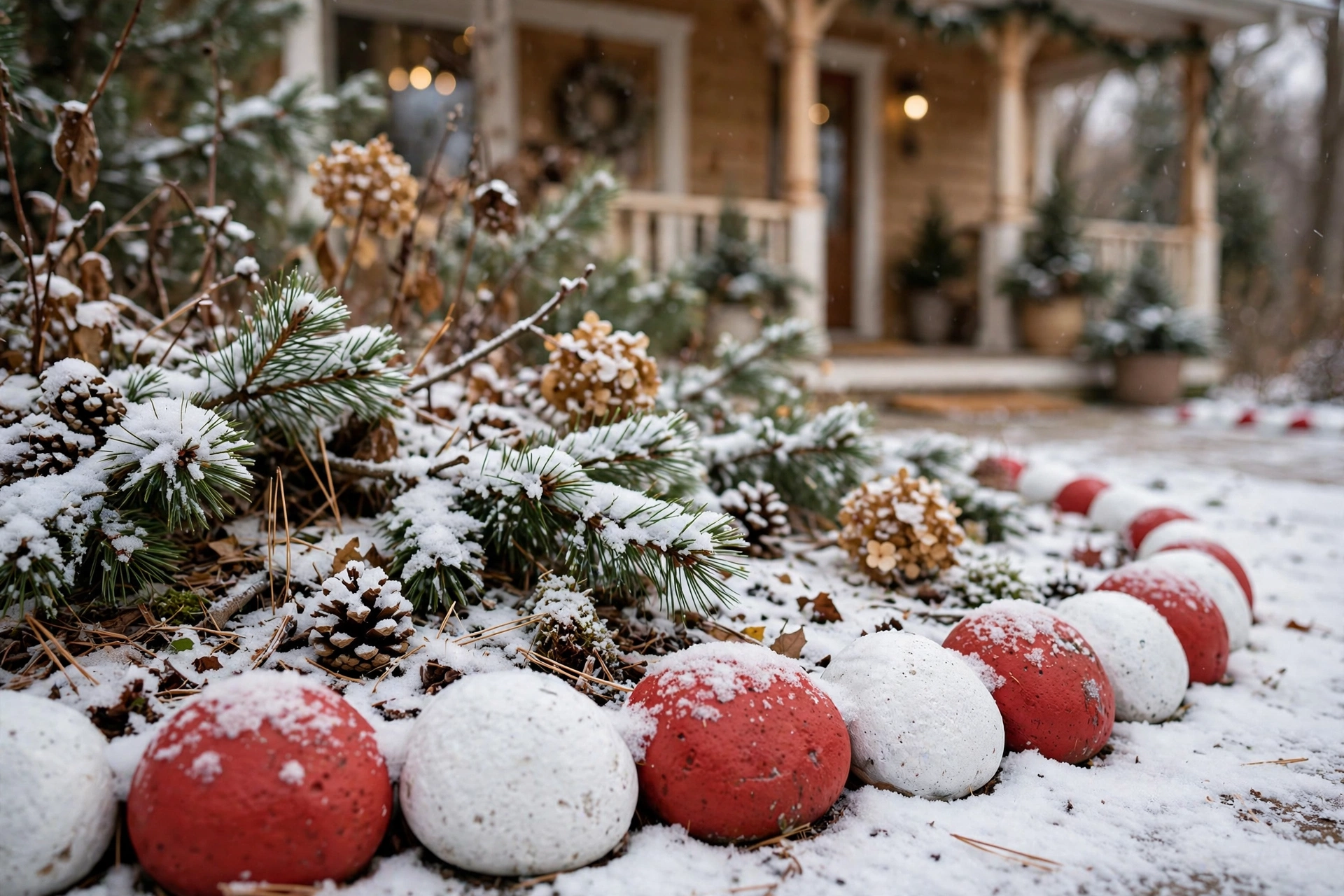 Painted red and white rocks bordering a snowy flower bed — rustic christmas yard decor