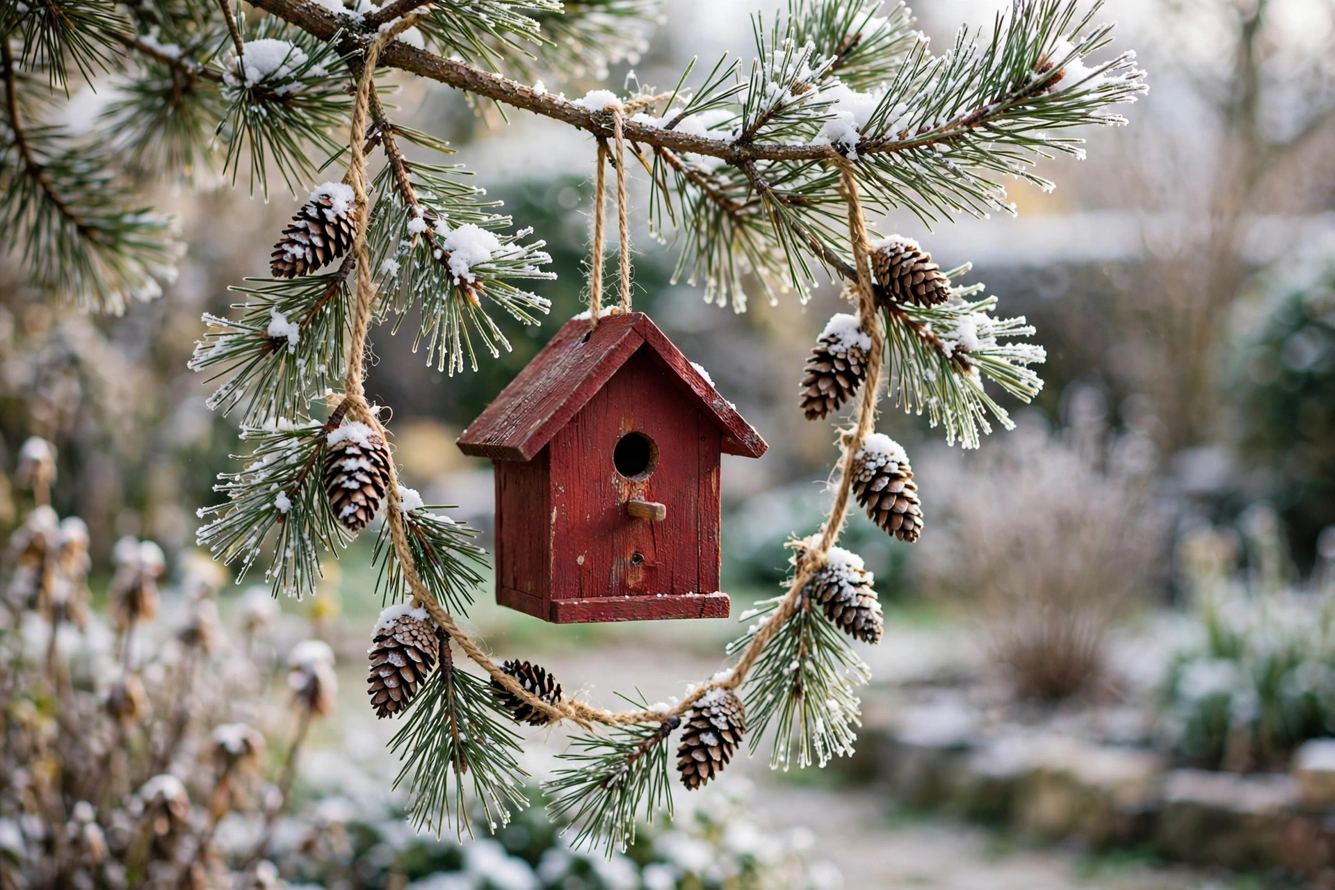 Winter birdhouse vignette with pine sprigs hanging from a branch — handmade christmas yard ideas