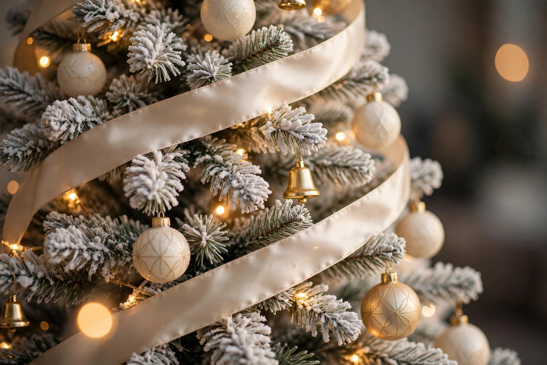 christmas decor trends colors 2026 — winter white christmas tree with champagne ribbon