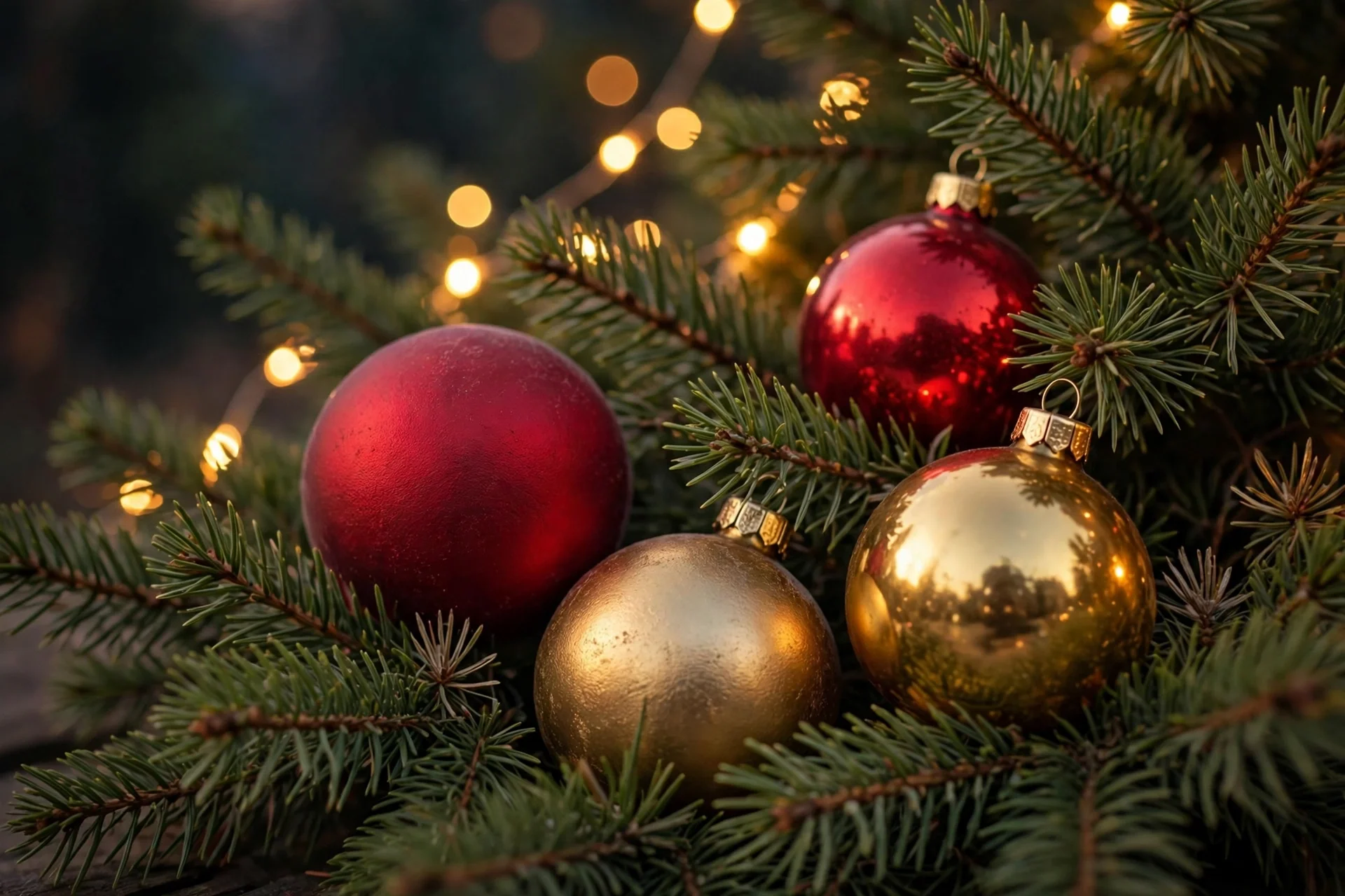 traditional christmas living room decor 2026 — classic red and gold baubles among pine branches with fairy lights