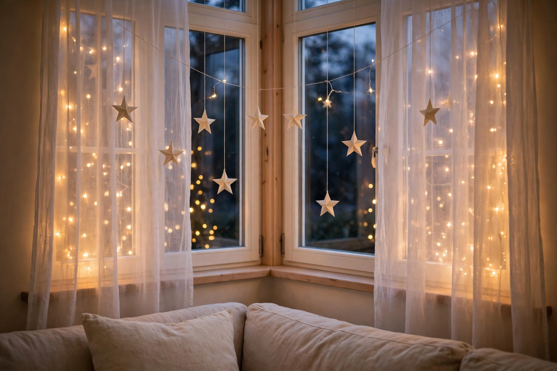 easy christmas room decor ideas 2026 — window with fairy lights behind sheer curtains and hanging paper stars