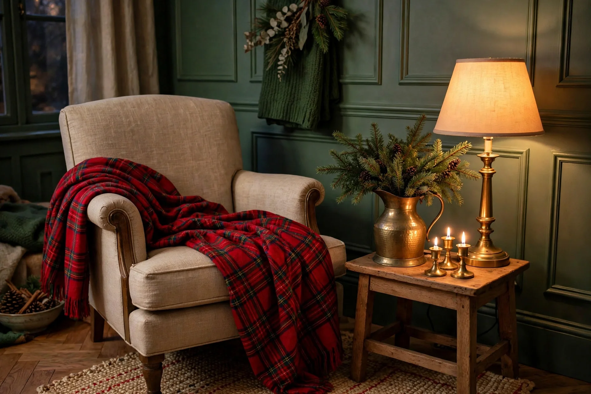 traditional christmas living room decor 2026 — living room corner with red tartan throw, fir sprigs and gold candle holders