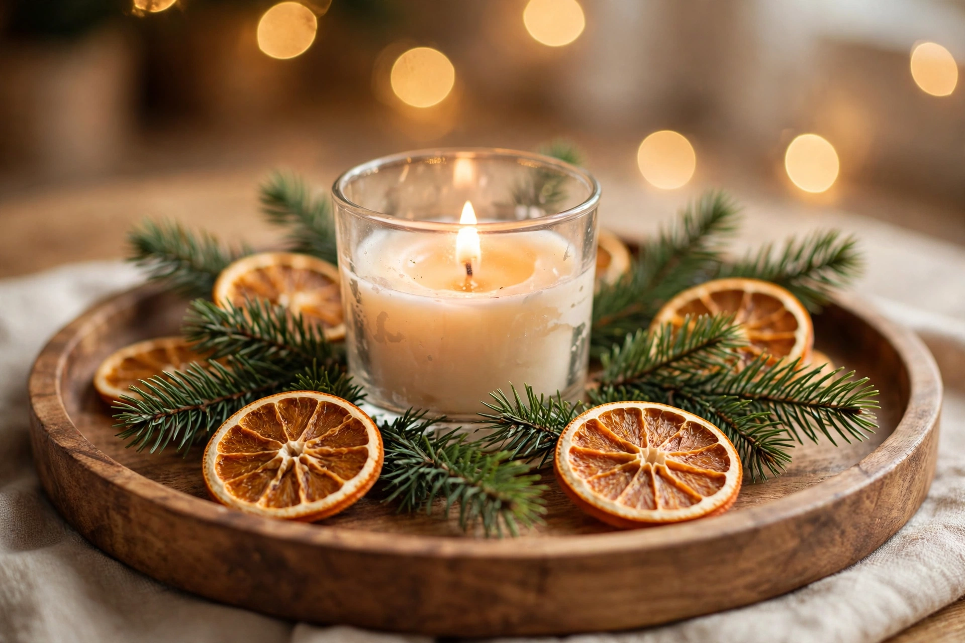 christmas room decor 2026 — styled coffee table with tray, candle, pine sprigs and dried orange slices