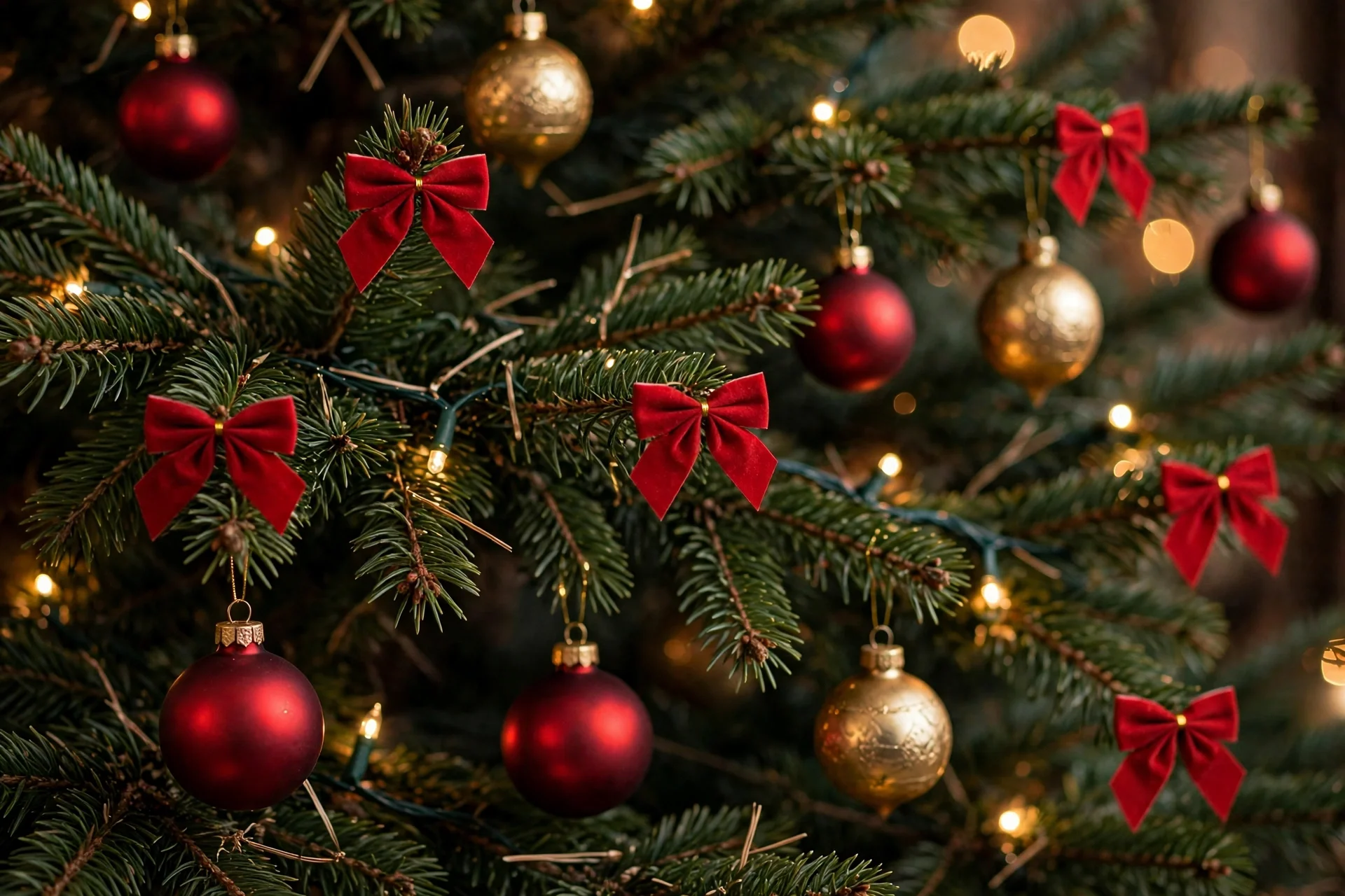 traditional christmas living room decor 2026 — tree with red baubles, gold ornaments and red velvet bows
