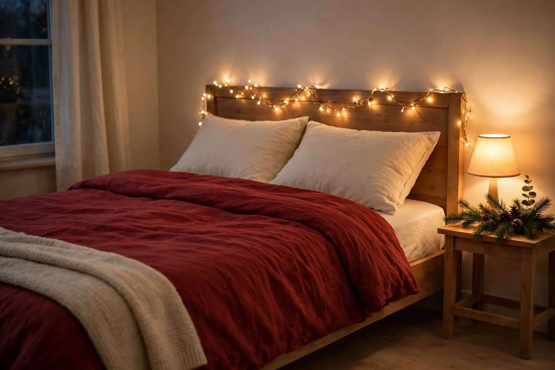 easy christmas bedroom decor — festive bedding with fairy lights draped across the headboard
