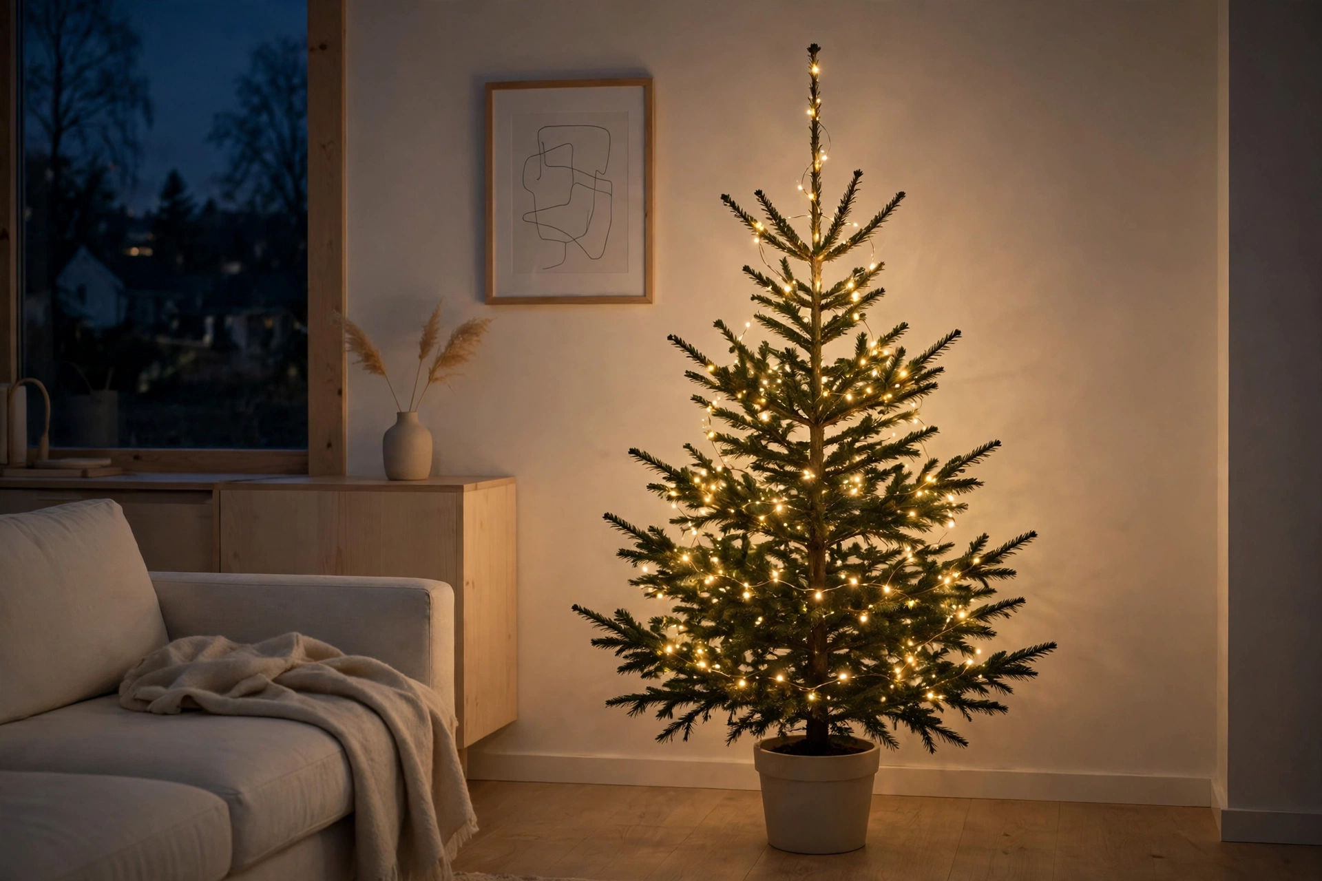 christmas decor trends colors 2026 — christmas tree with only warm fairy lights, minimalist trend