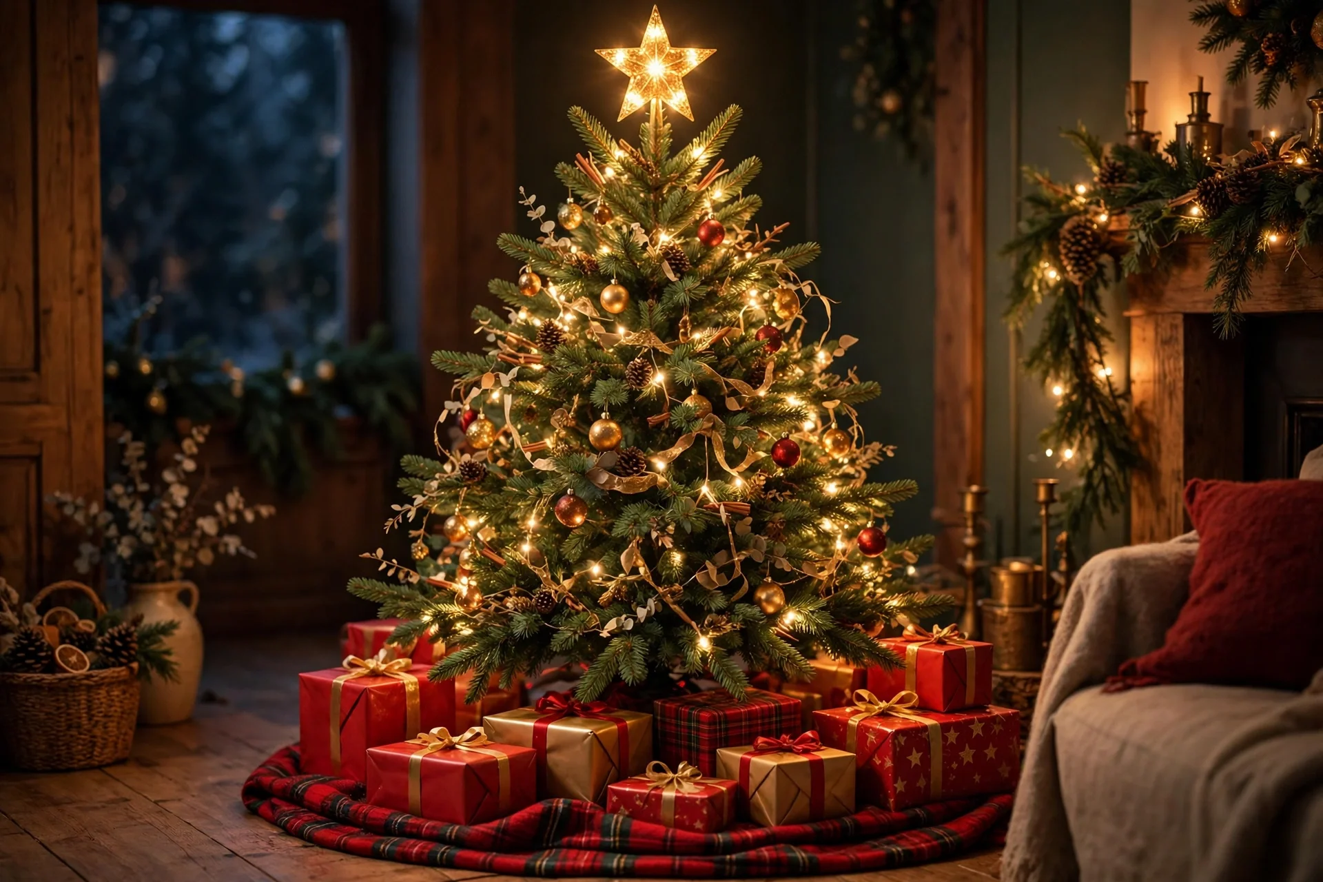 traditional christmas living room decor 2026 — tree with glowing star topper and red gold presents