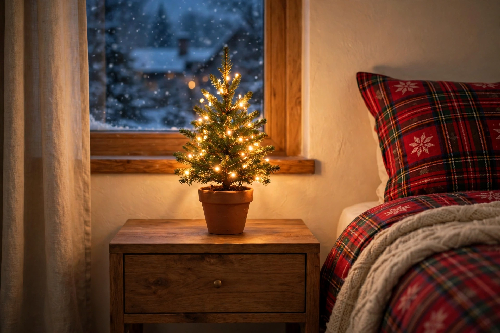 cozy christmas bedroom 2026 — tiny lit tree on a nightstand beside a bed