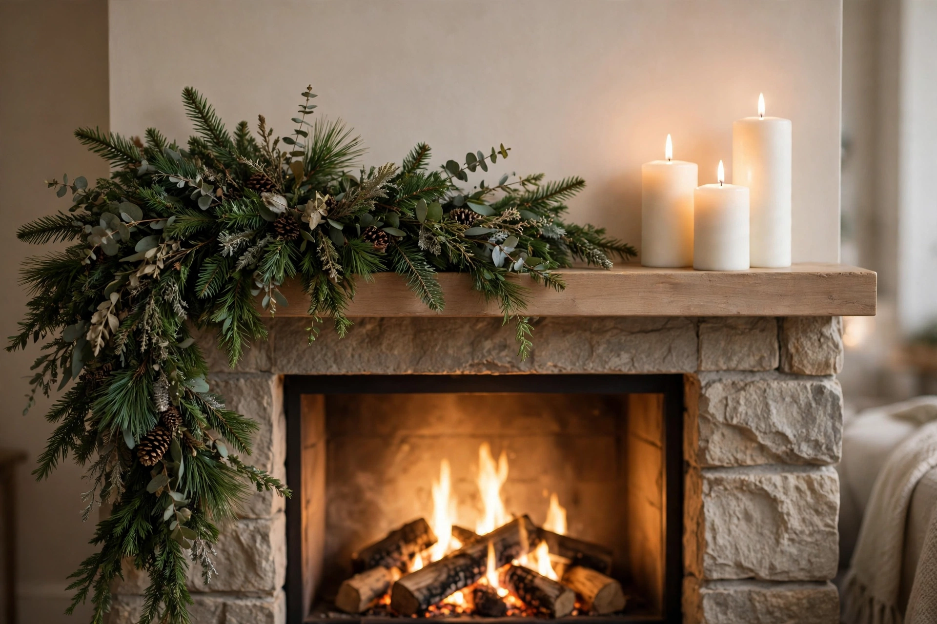 christmas decor trends colors 2026 — mantel with one-sided garland and tall candles