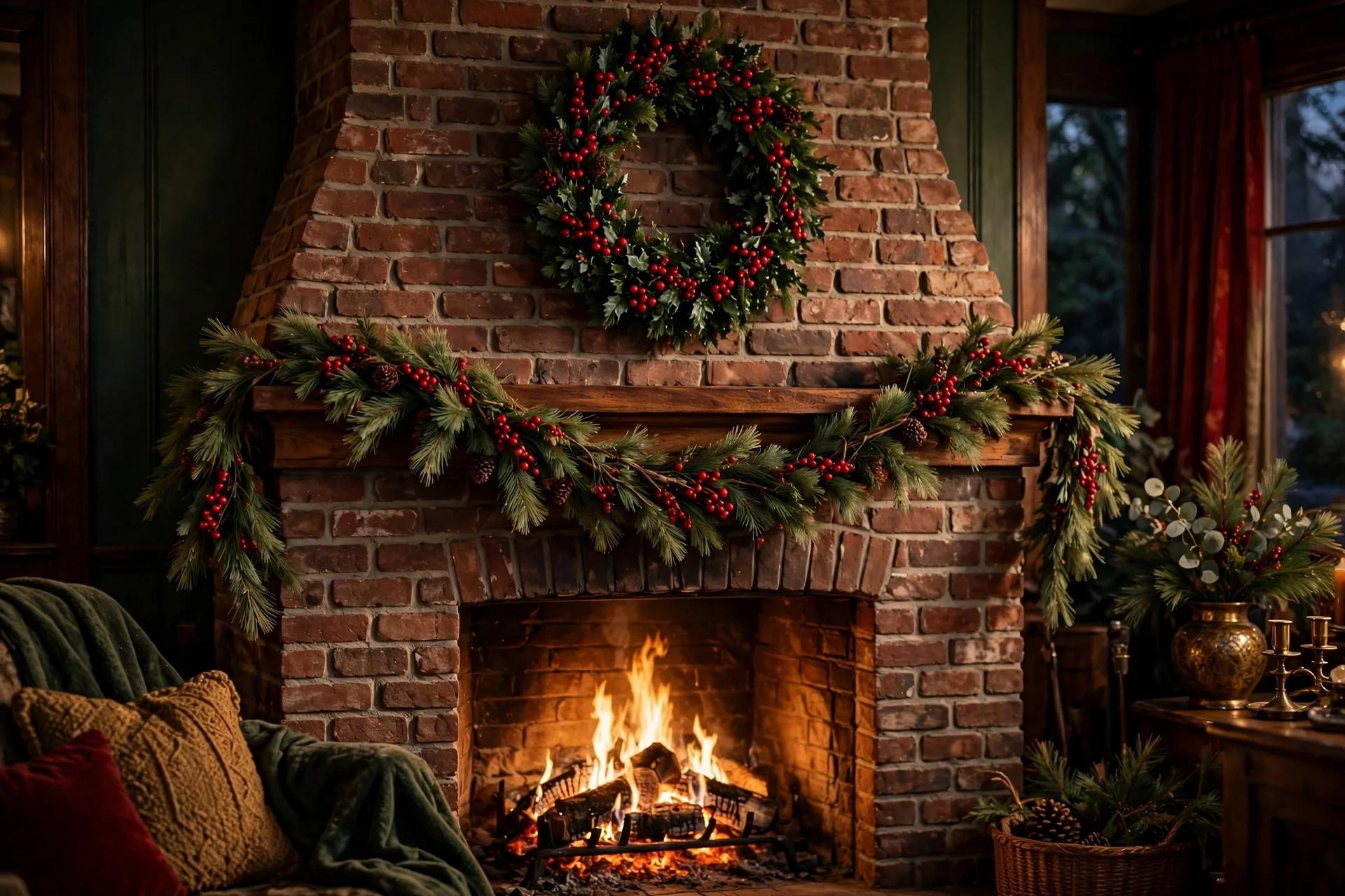 traditional christmas living room decor 2026 — fireplace with pine berry garland and wreath above mantel