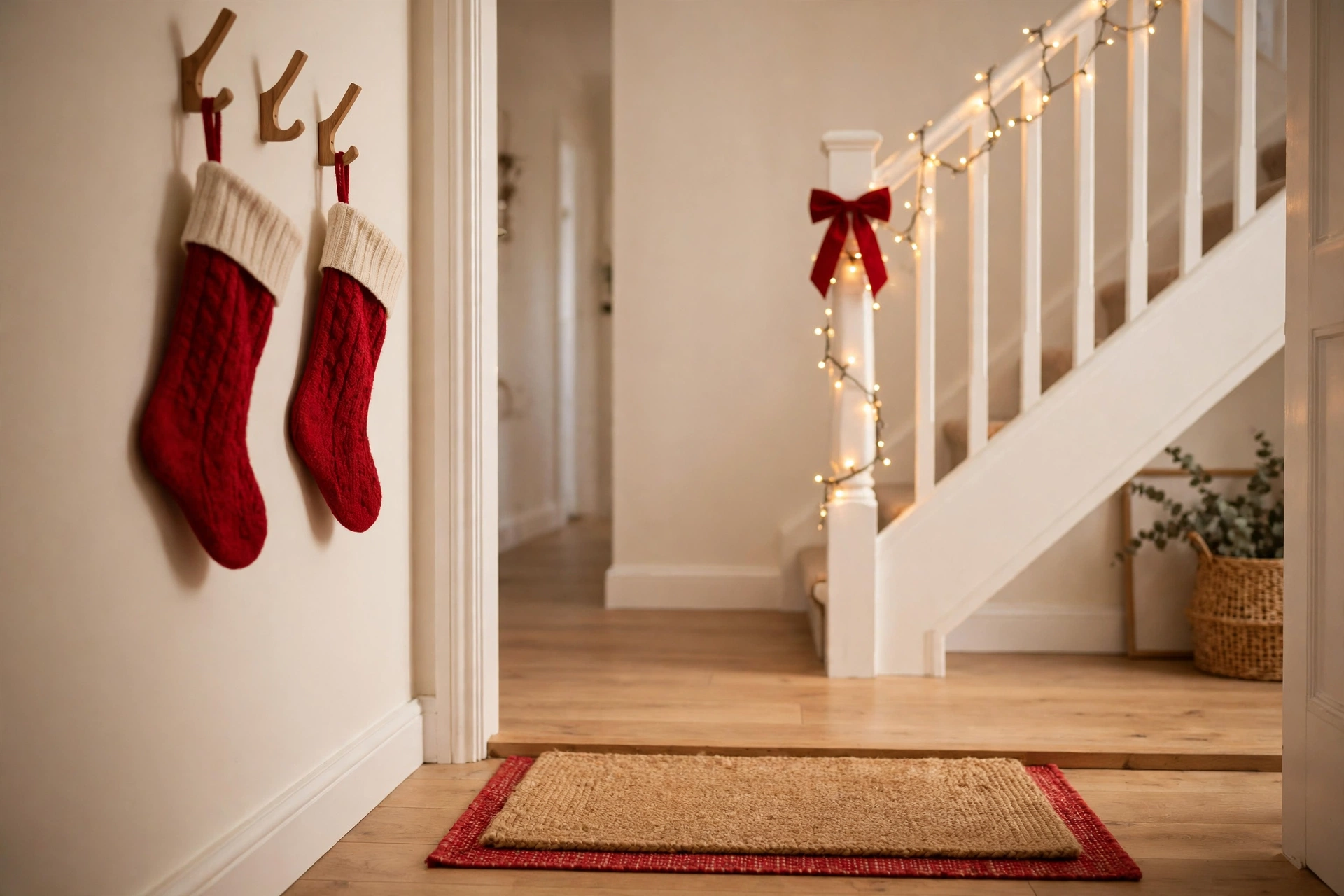 christmas hallway decor — layered doormats, stockings on coat hooks and lights along the banister