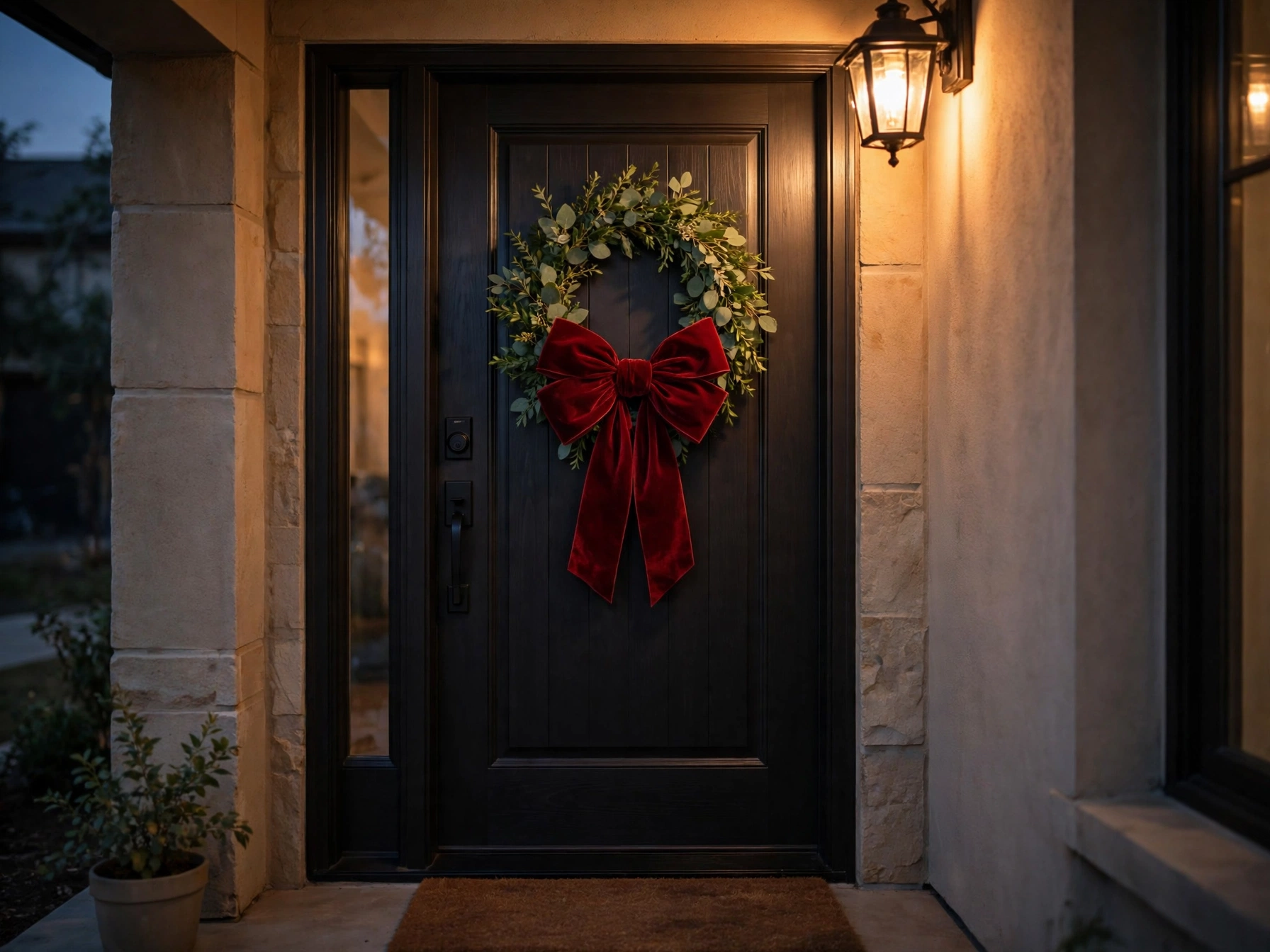 christmas decor trends colors 2026 — front door wreath with oversized velvet bow