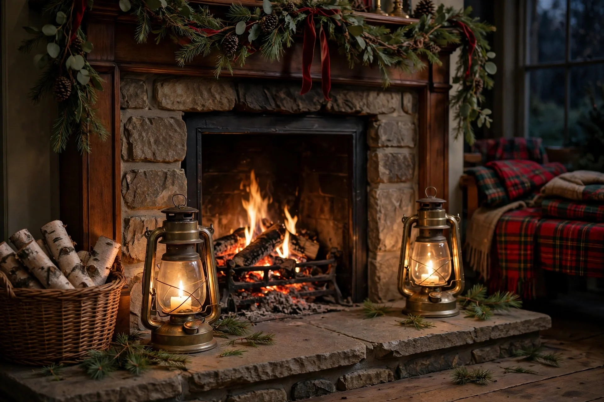traditional christmas living room decor 2026 — hearth with birch log basket and glowing lanterns