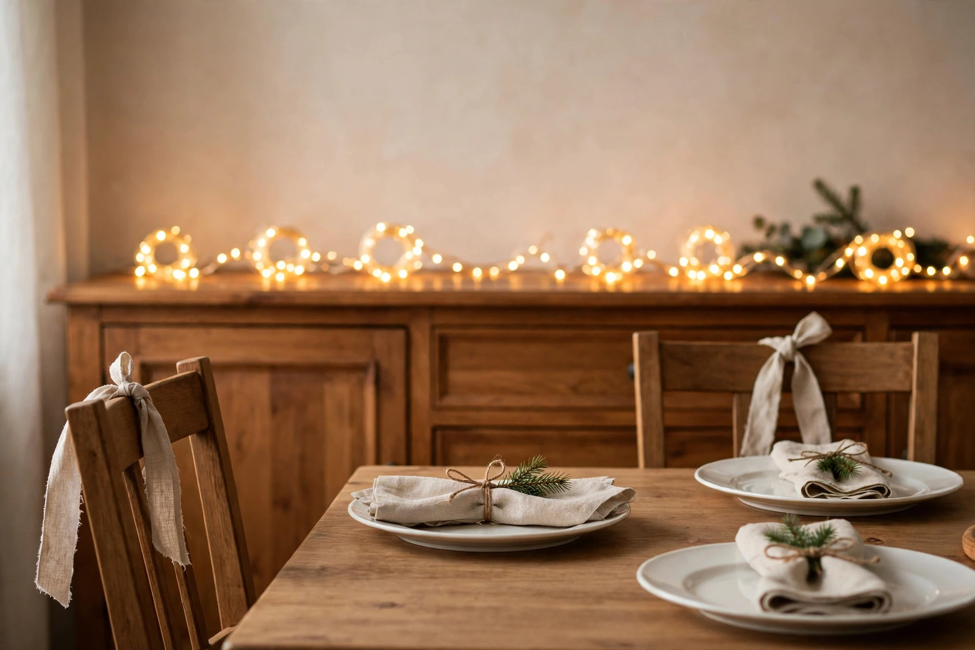 easy christmas dining decor — ribbon bows on chairs and pine sprigs on napkins