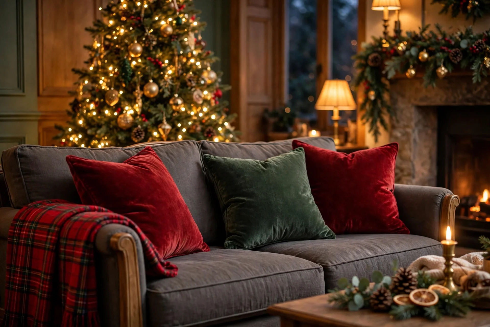 traditional christmas living room decor 2026 — sofa with red tartan throw and velvet cushions