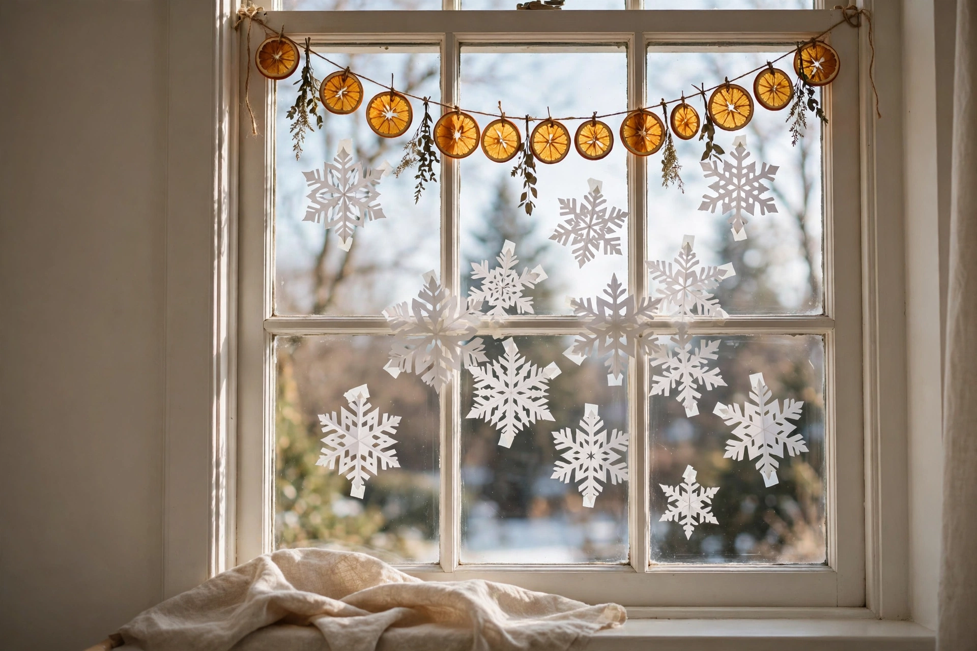 free christmas decor ideas — paper snowflakes on a window and dried orange slice garland
