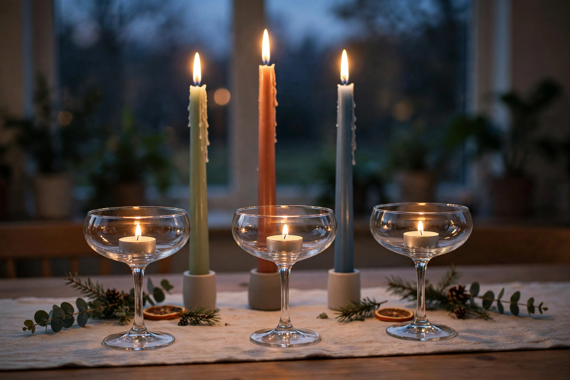 christmas decor trends colors 2026 — table with tea lights in coupe glasses and tall taper candles