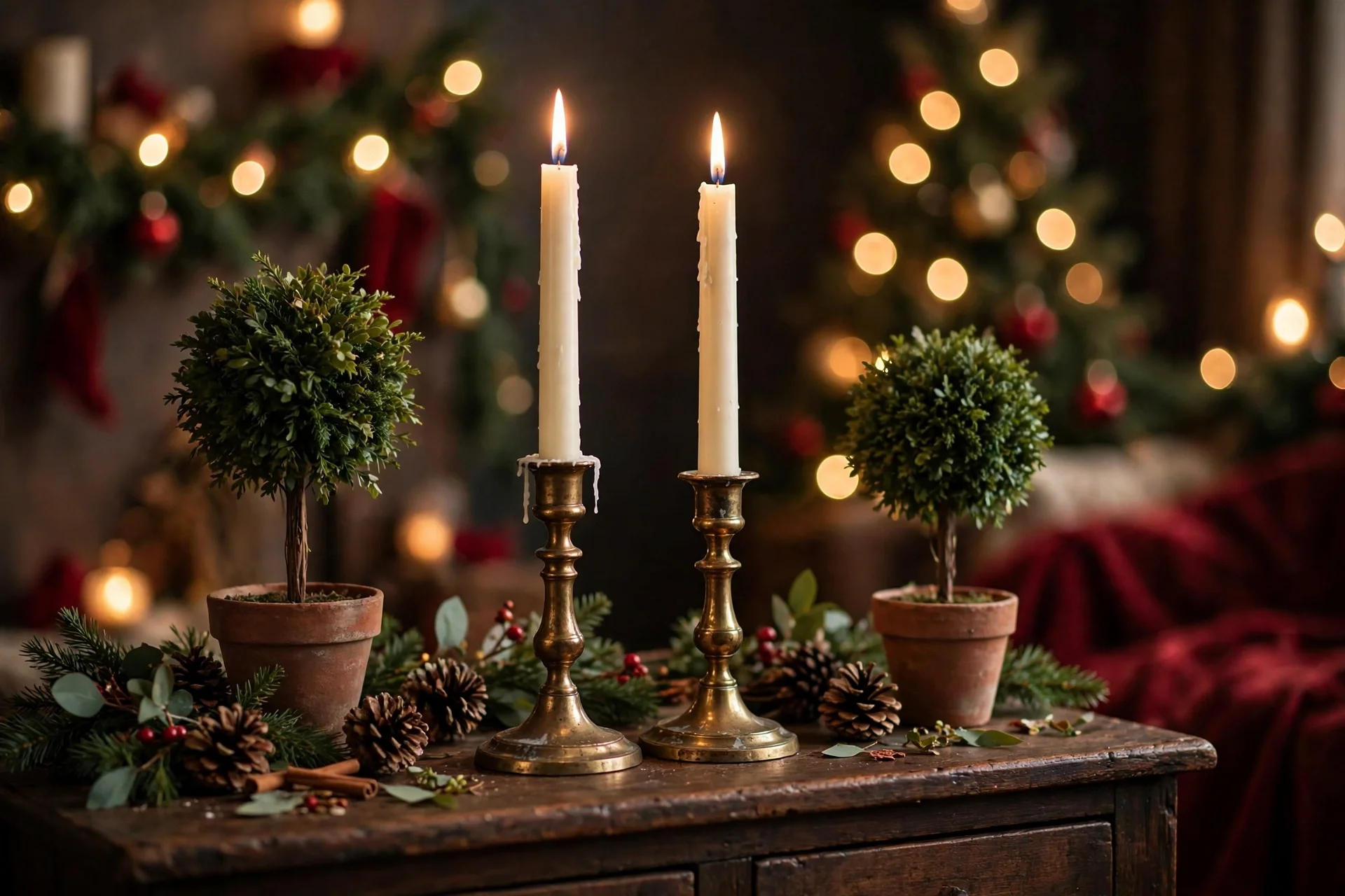 traditional christmas living room decor 2026 — brass candlesticks with ivory tapers and topiary trees