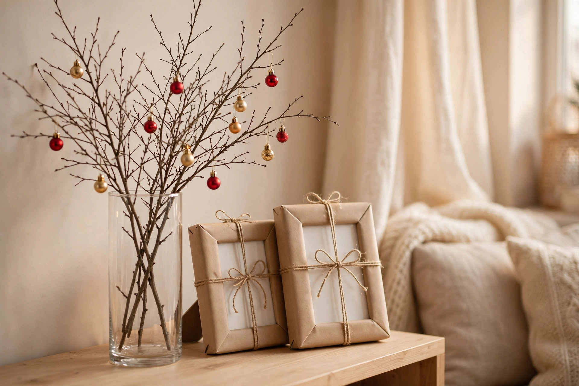 budget christmas room decor — bare branches with baubles in a vase and wrapped picture frames