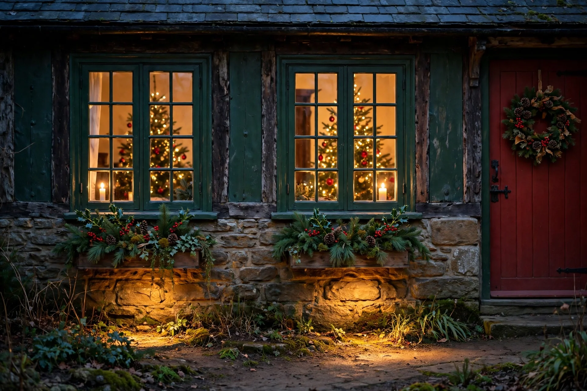traditional christmas living room decor 2026 — cottage windows at dusk with glowing candle in each