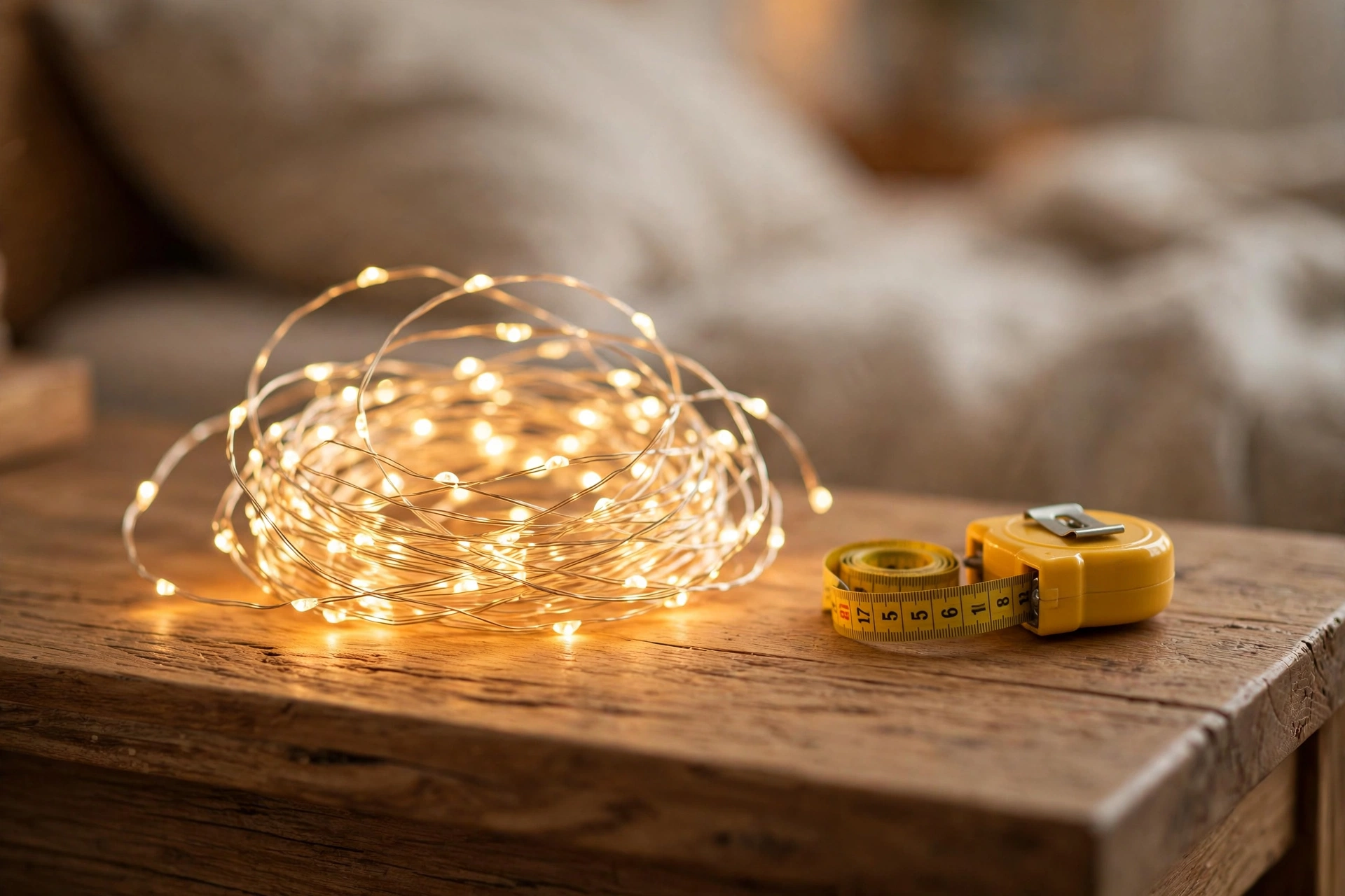Measure first, buy second — a coil of warm LED fairy lights and a tape measure are all you need to plan.