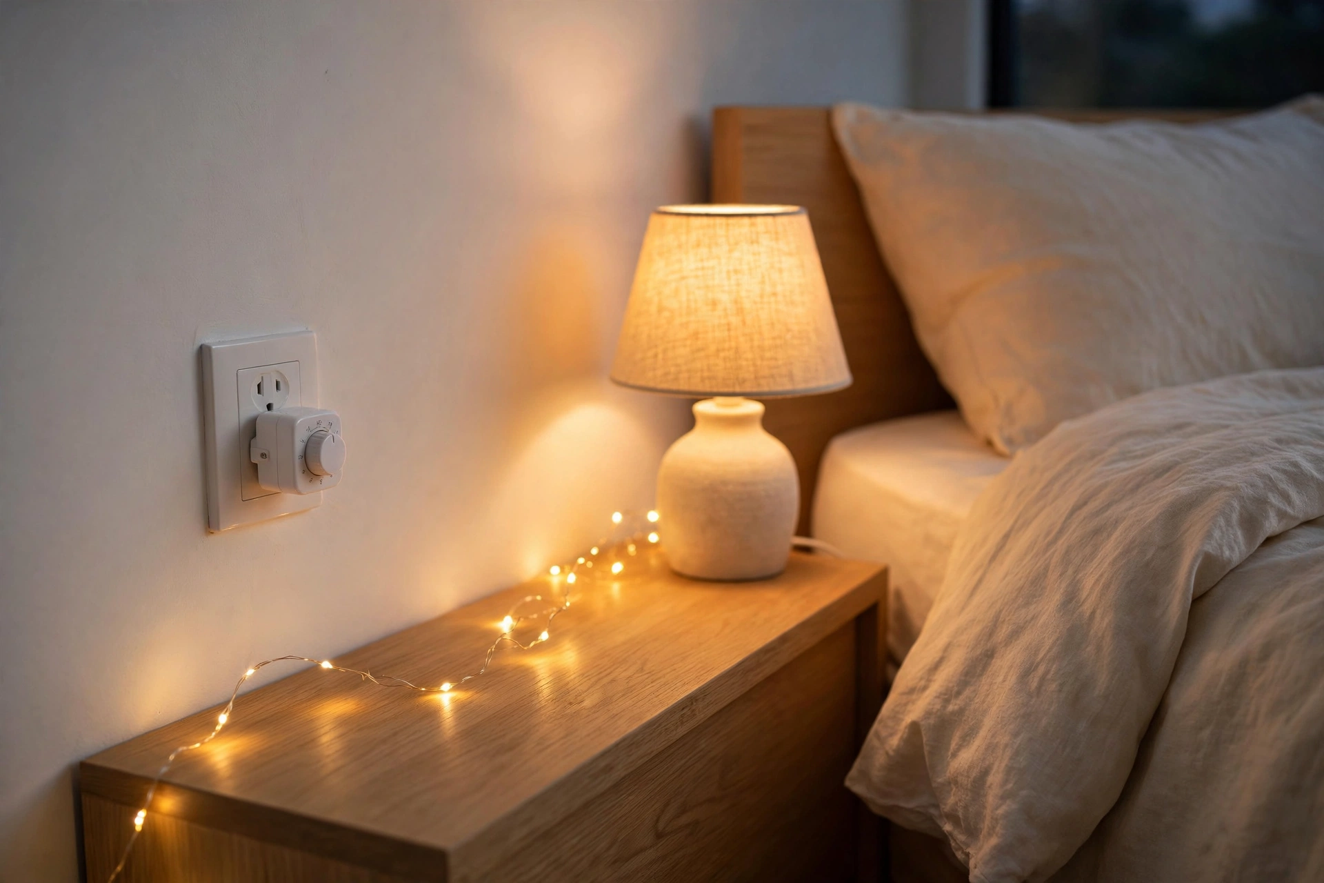 A small timer plug beside the bed — set it once and your christmas lights run themselves every evening.