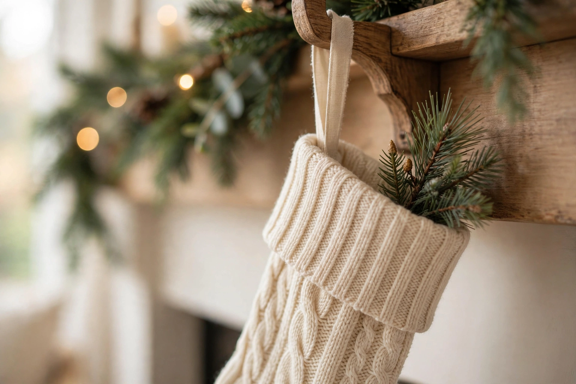 Stockings hung with ribbon on weighted hooks — no-drill christmas mantel styling