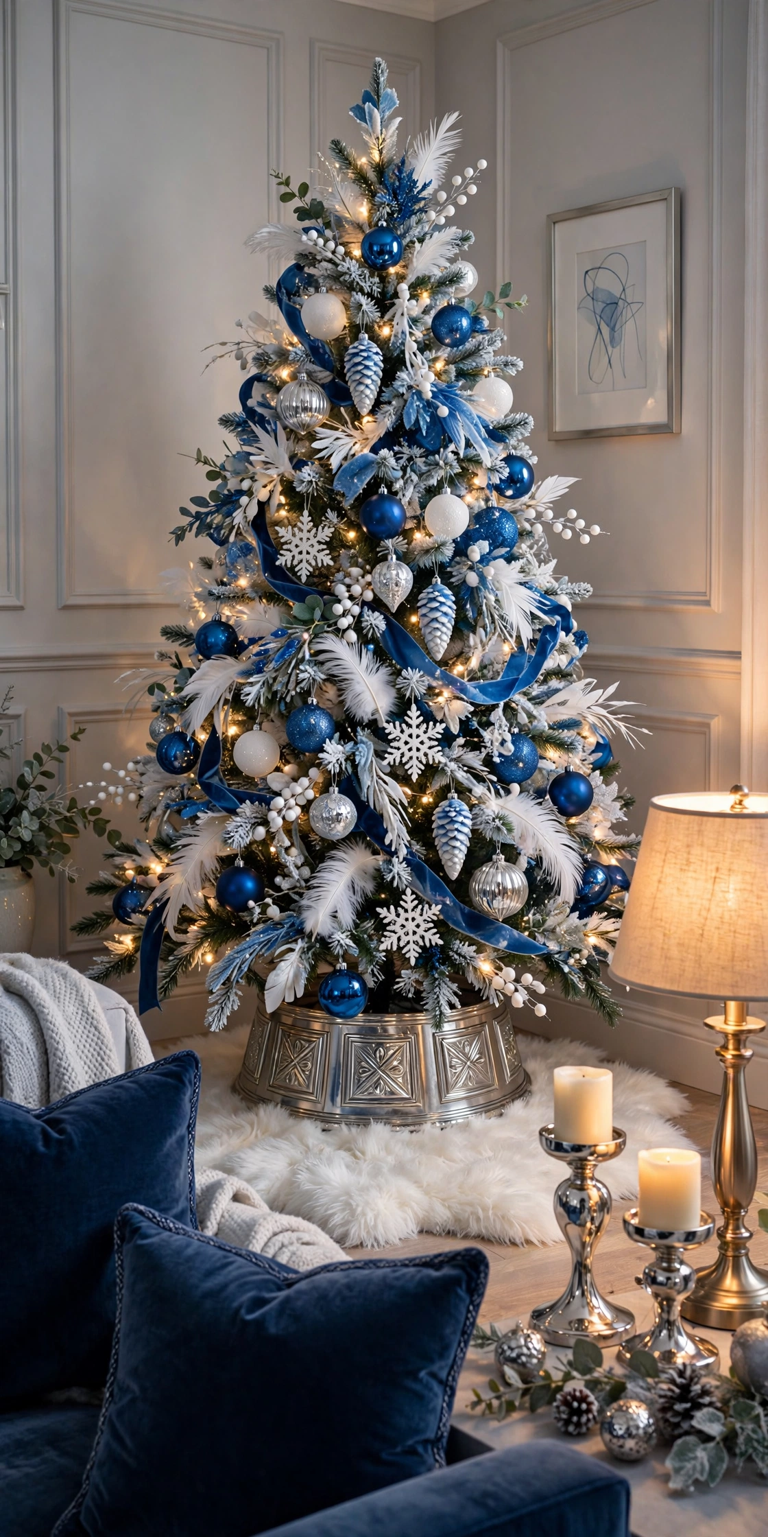 Glam blue and white christmas tree with white faux fur tree skirt in a styled living room