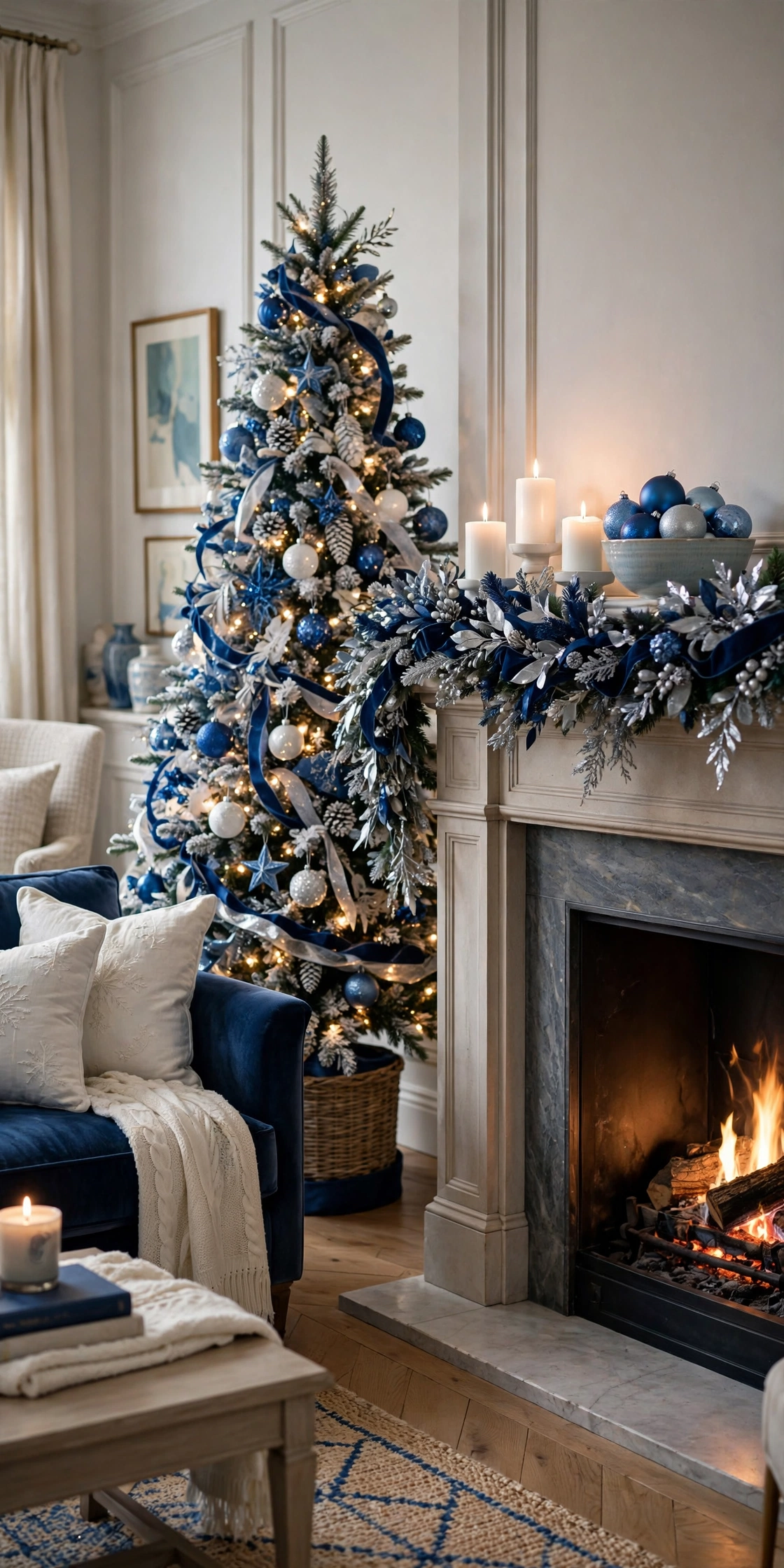 Elegant living room with blue and white christmas tree beside a styled mantel