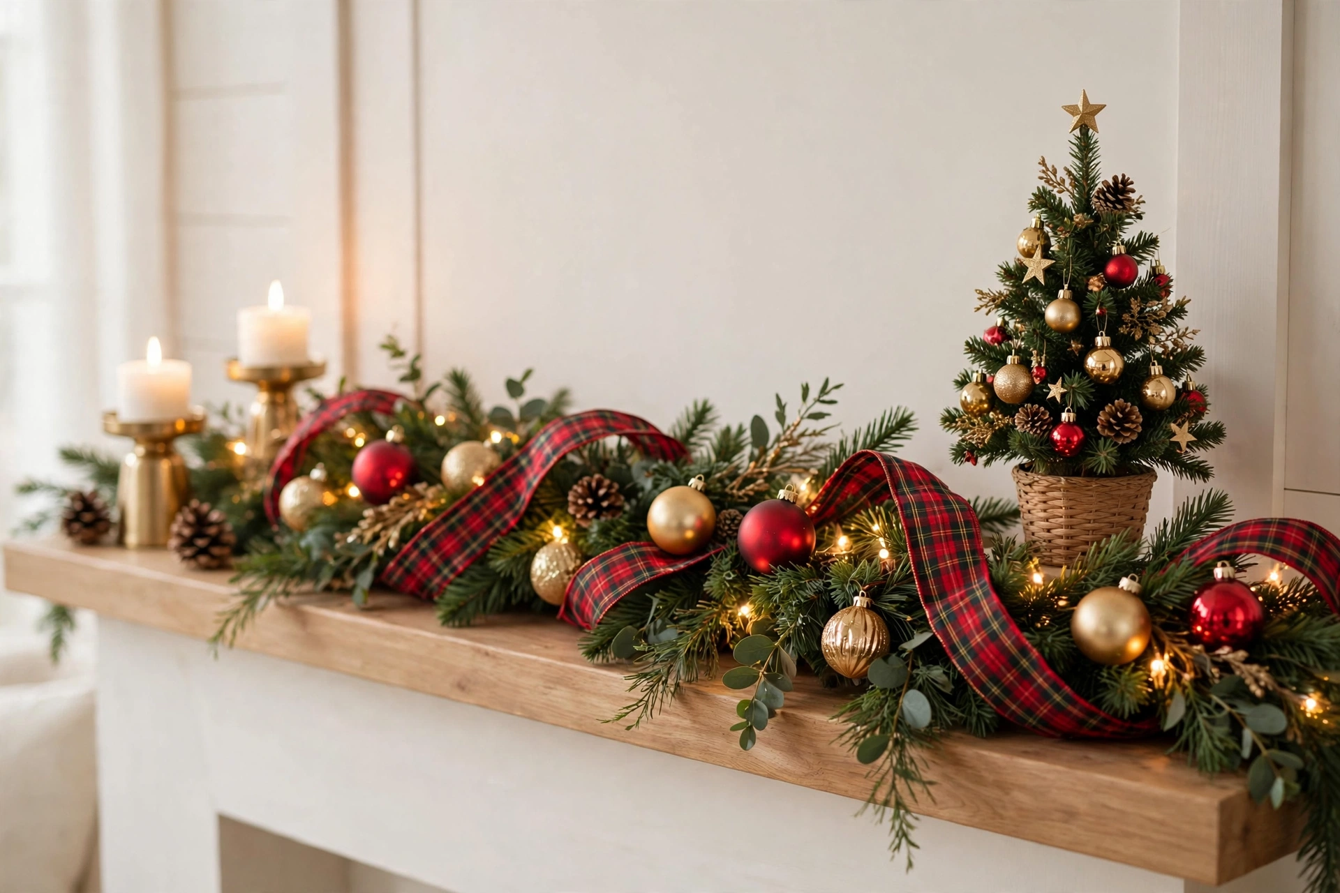 Mantel topper echoing the tree theme with gold baubles — christmas mantel decor ideas 2026
