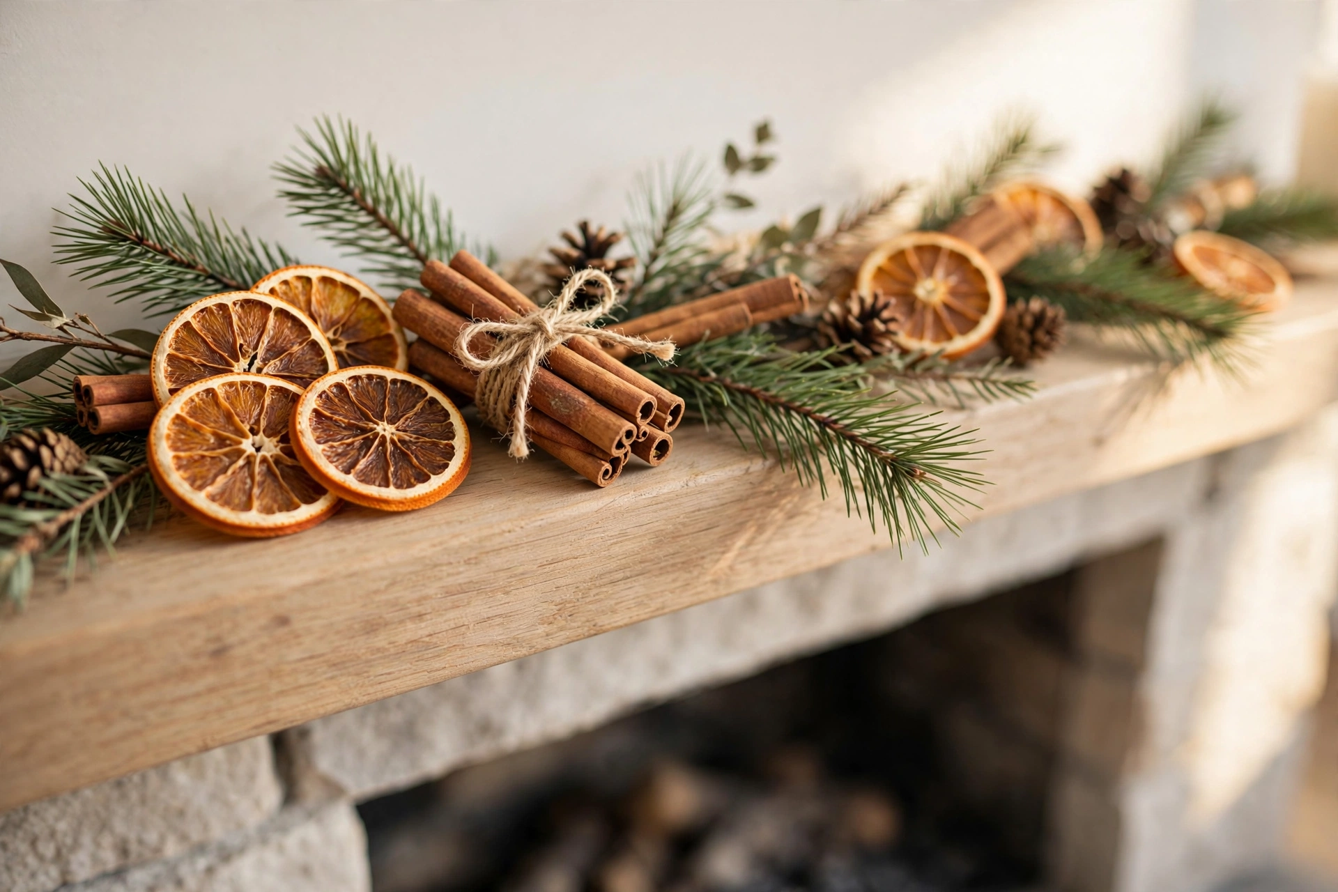 Dried orange slices and real greenery in the mantel garland — christmas mantel scent ideas