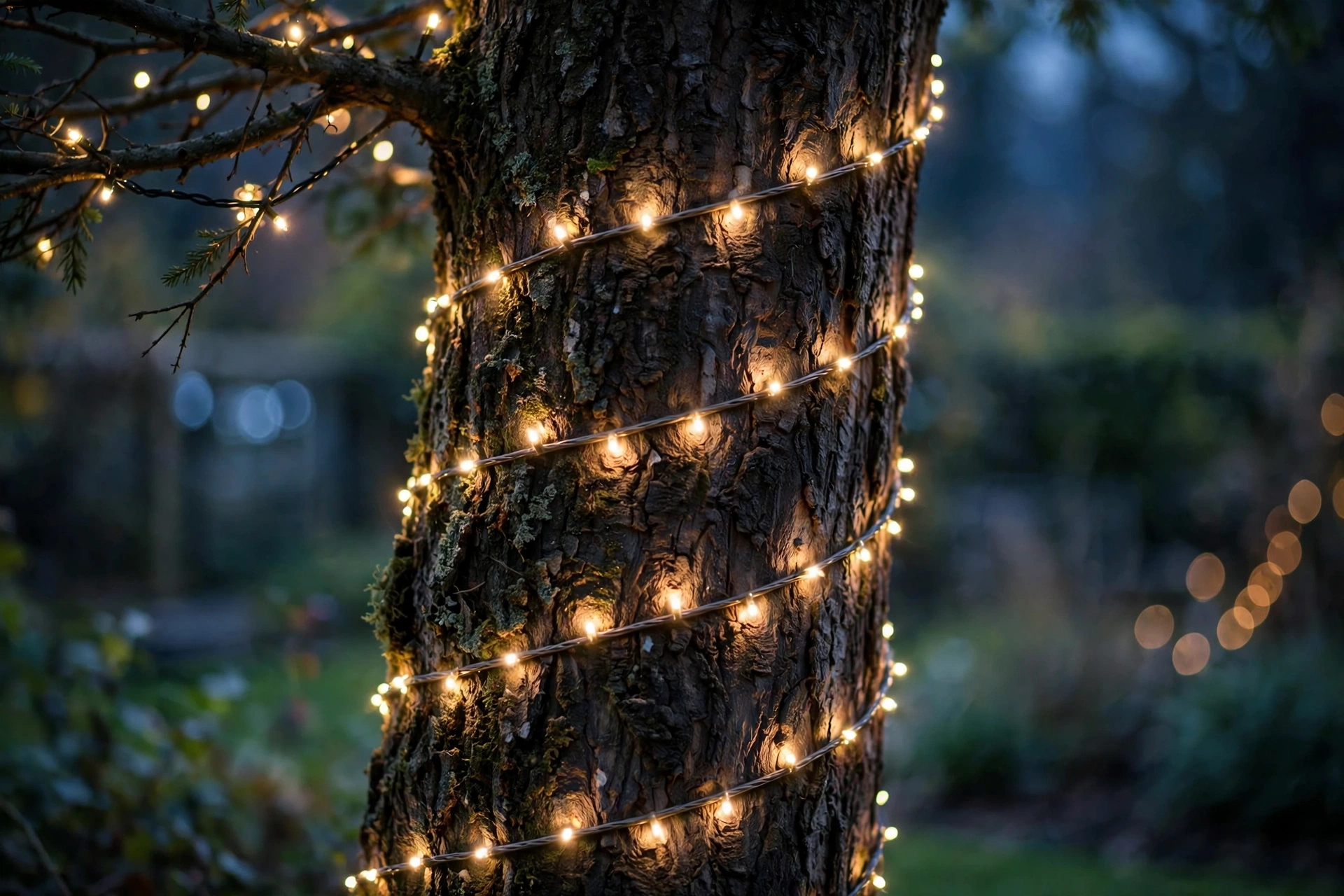 A garden shrub draped in a net of warm christmas lights beside a tree trunk wrapped in a light spiral