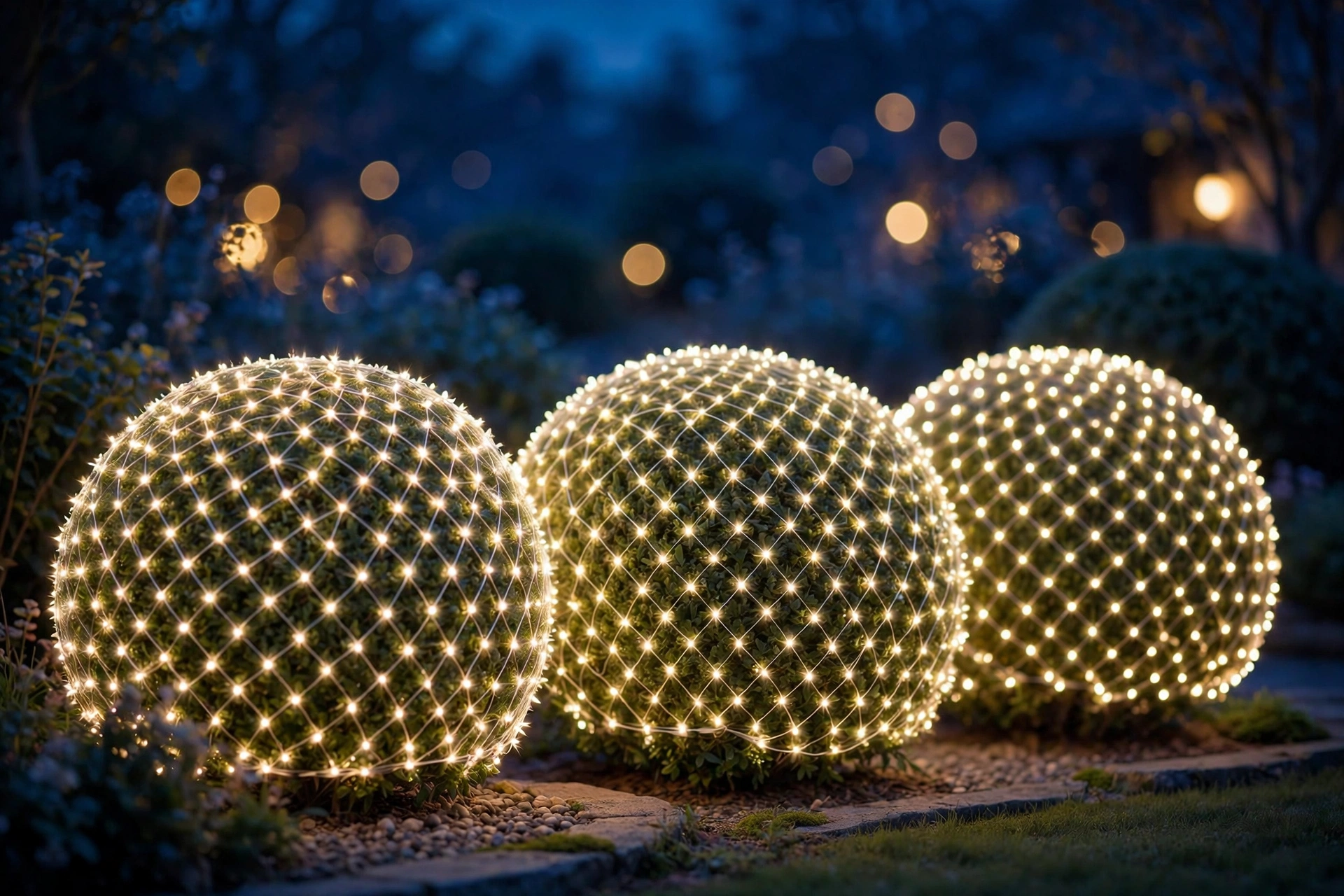 A single large garden tree wrapped in warm christmas lights glowing like a landmark at night