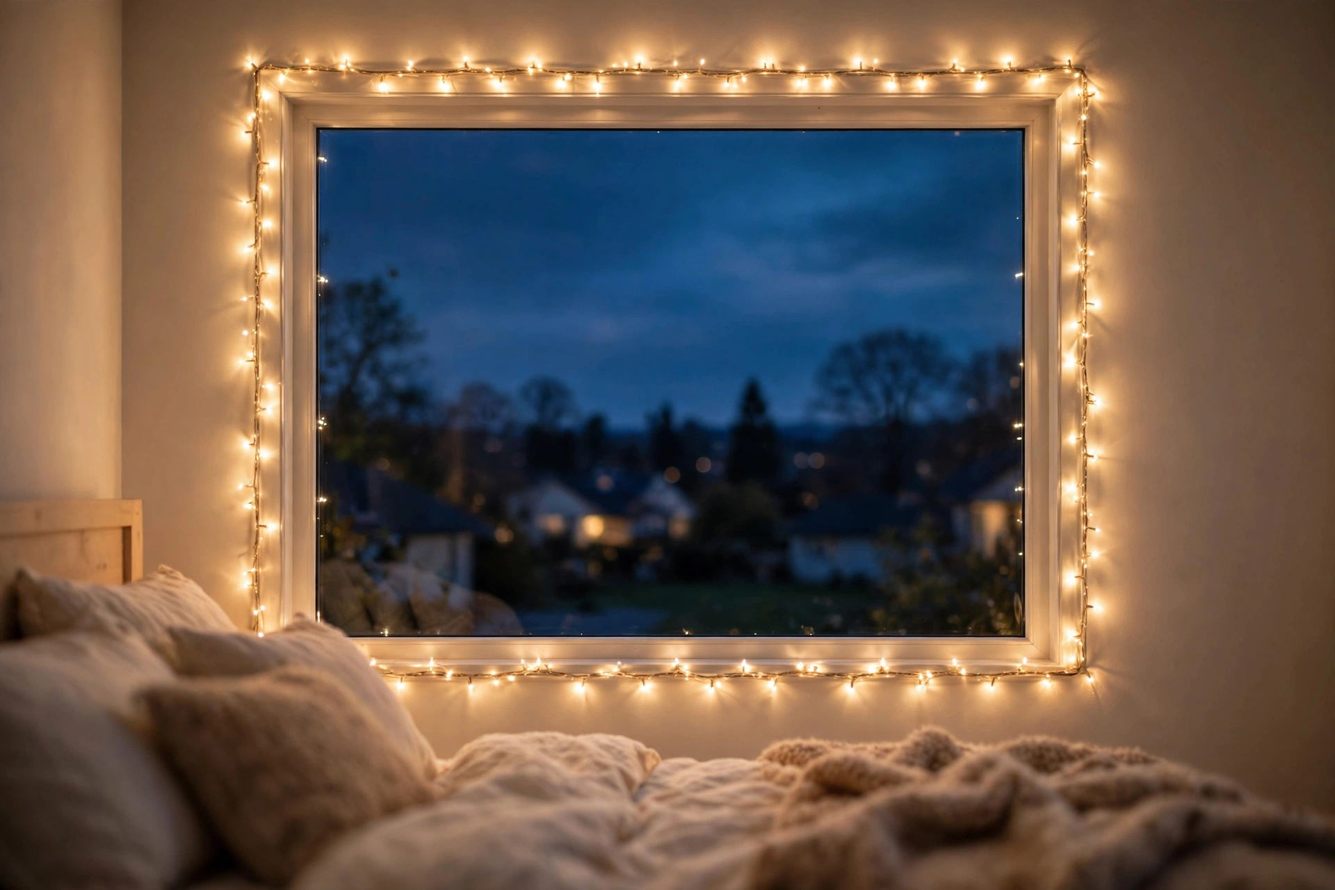 A bedroom window framed in warm twinkling fairy lights — a Christmas card view from inside and out.