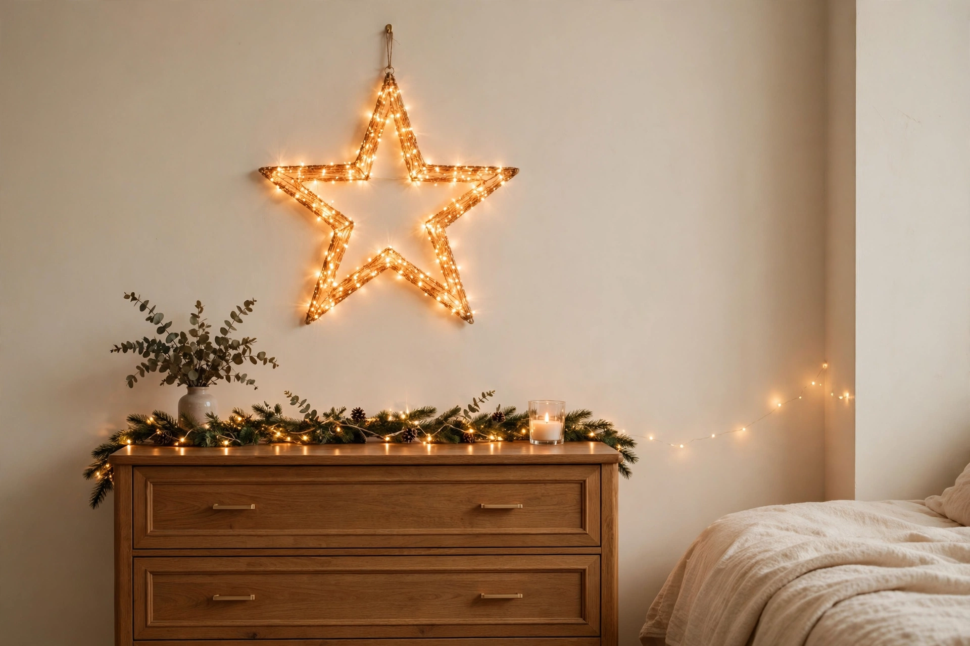 A glowing fairy-light star above the dresser with greenery — a festive focal point for the bedroom wall.