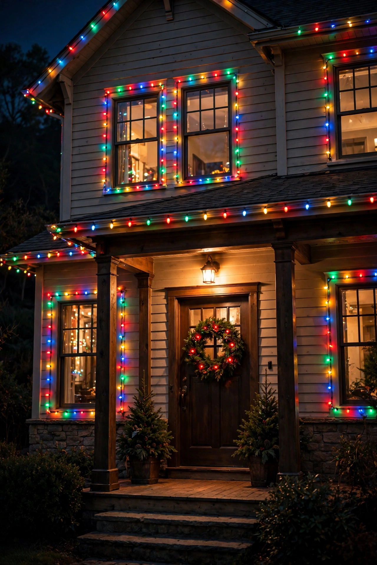 Windows outlined in colored lights with a glowing wreath — the warmest welcome on the street.